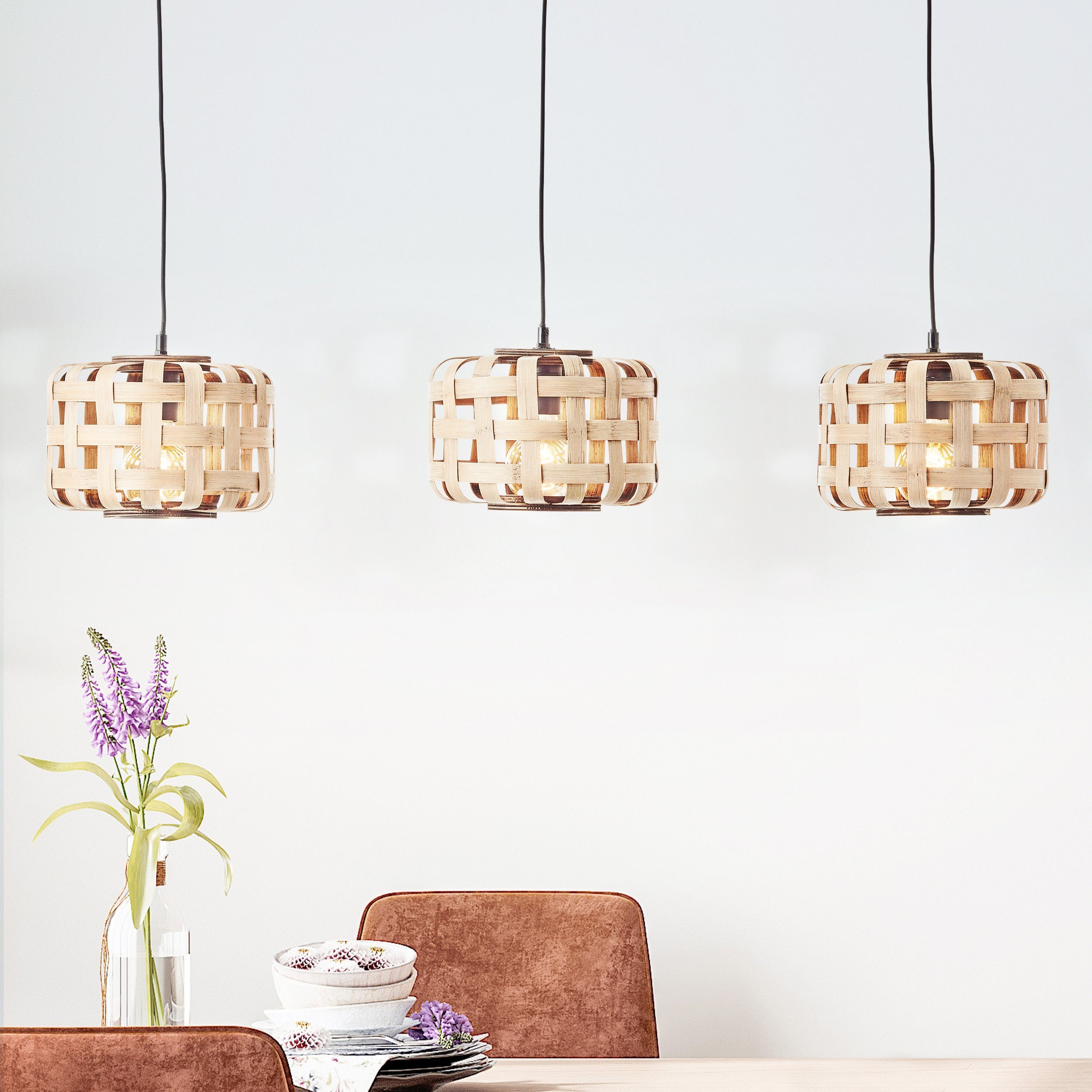 Brilliant Leuchten Hanglamp Woodline 146 x 25 x 104 cm, 3 x e27, kappen van bamboe, natuur/zwart (1 stuk)
