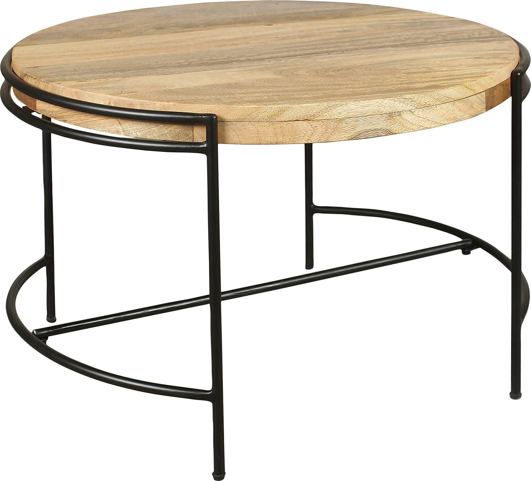 byLIVING Salontafel Hanna massief mango tafelblad 35 mm en zwarte metalen poten, rond 60 cm