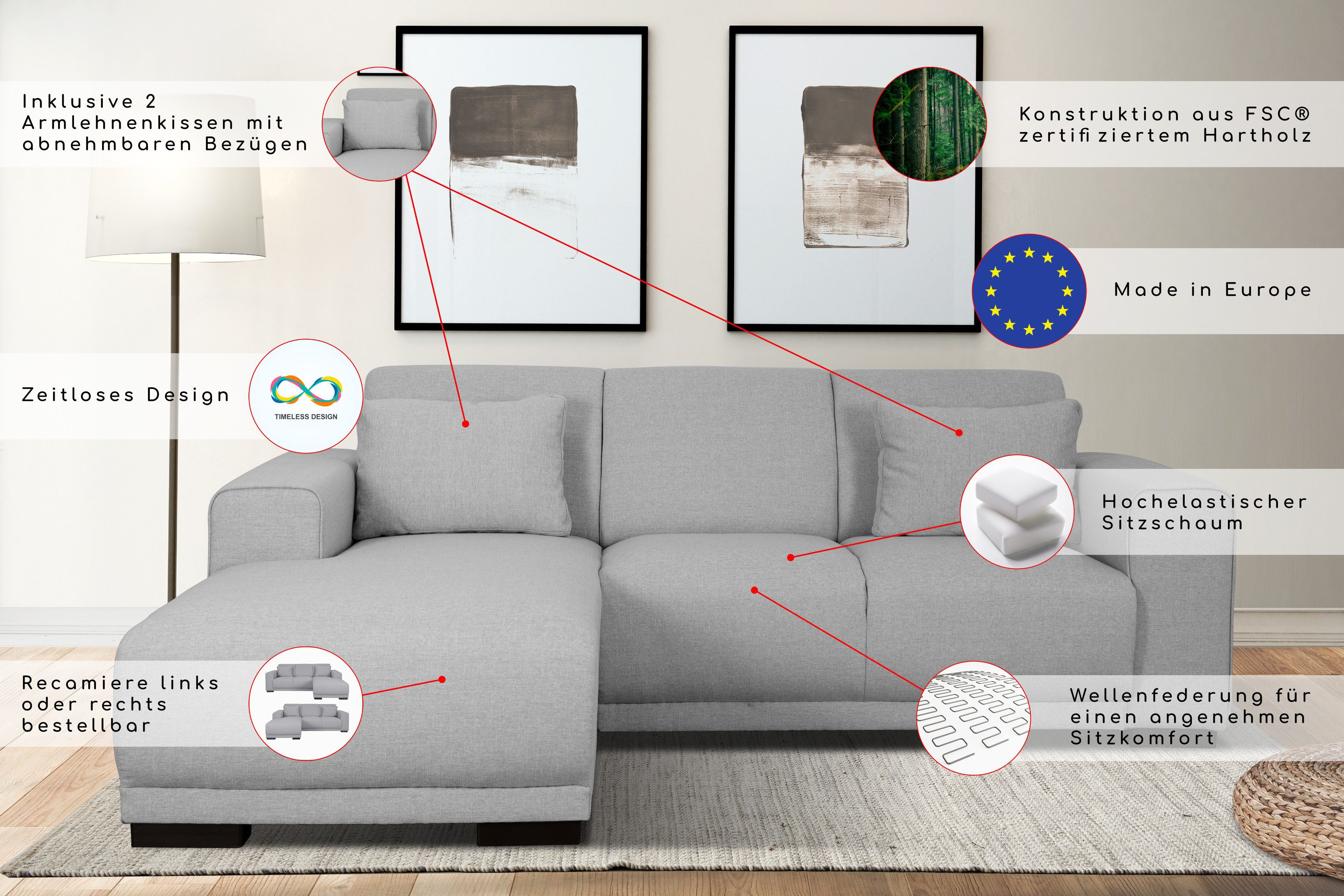 Home affaire Hoekbank BORNHOLM L-vorm met chaise longue, afmetingen B/D/H: 234/162/85 cm Recamiere links of rechts bestelbaar, golfvering, inclusief 2 kussens