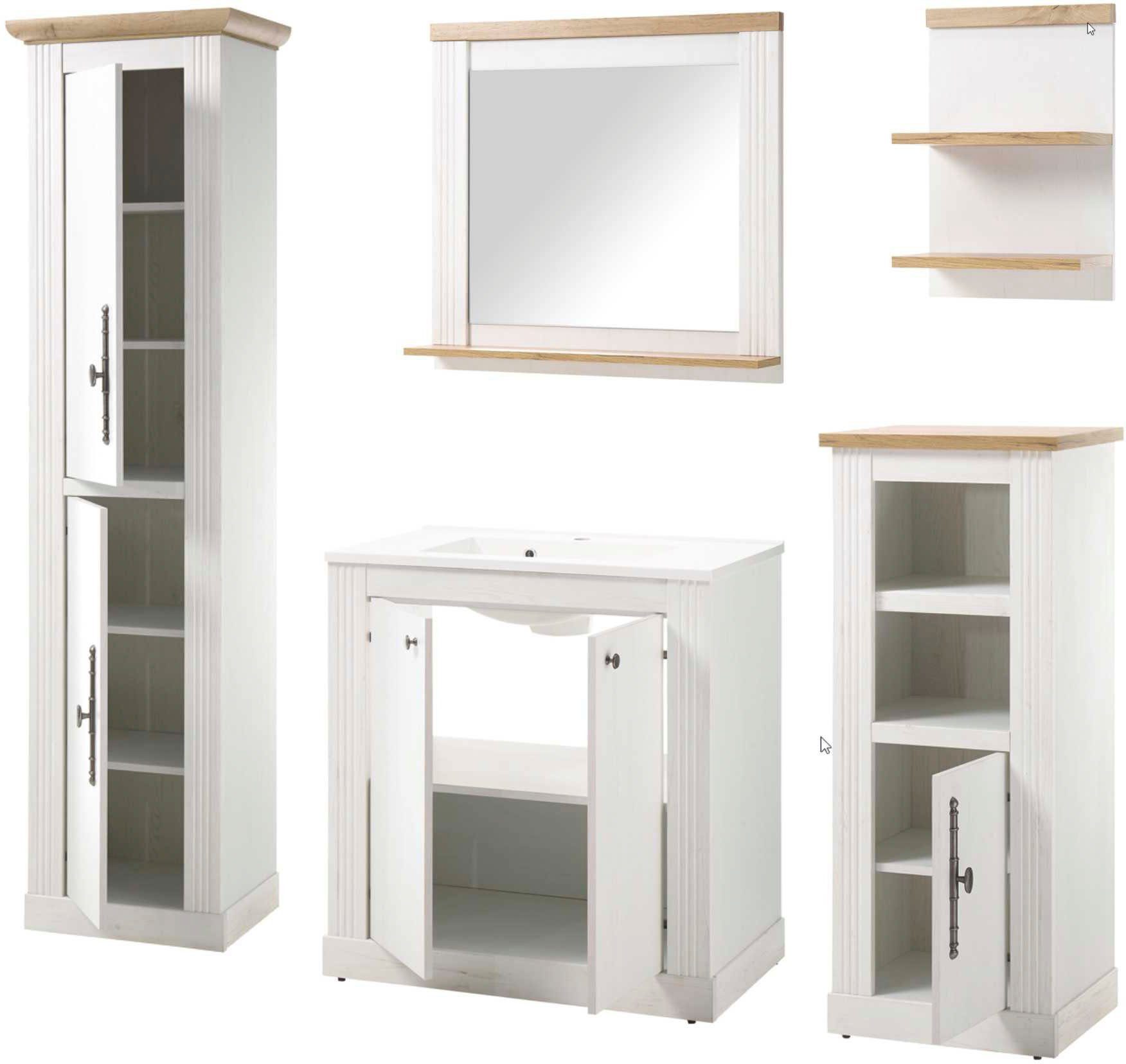Home affaire Badkamerserie WESTMINSTER, badkamer in landhuisstijl, 5-delig badkamer Waschtafel, spiegel, midikast, plank, hoge kast, breedte 220 cm (5-delig)