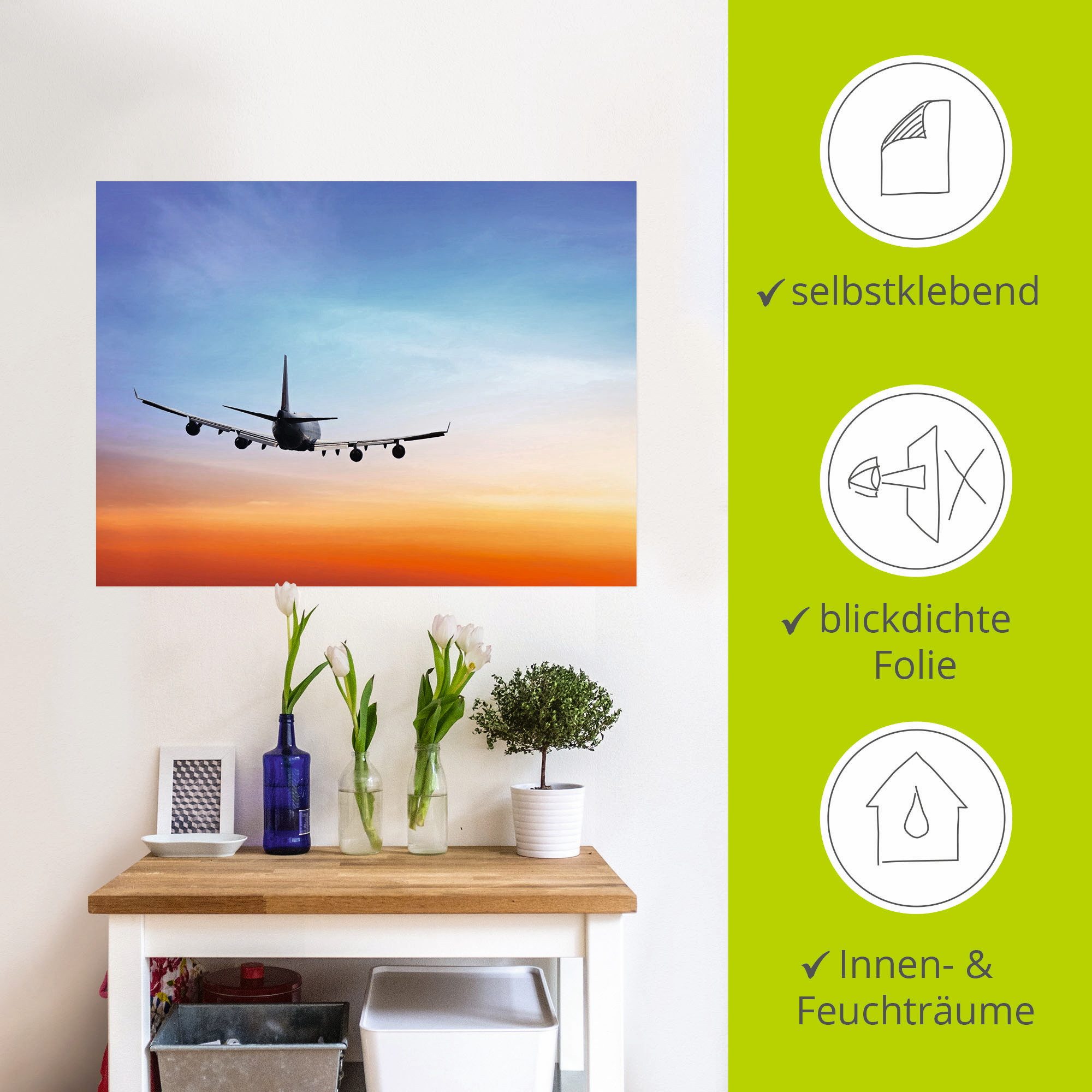 Artland Artprint Vliegtuig voor oranje/blauwe avondhemel als artprint op linnen, muursticker in verschillende maten