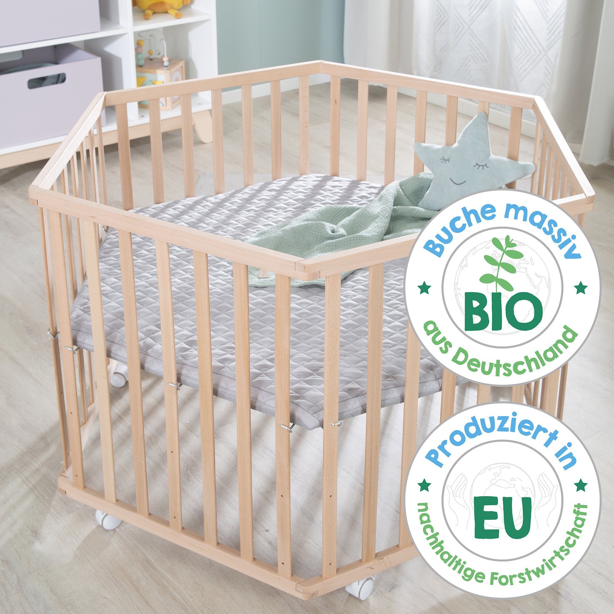 Roba® Box Stijl, beuken, 6-hoekig met beschermend inzetstuk en hoofdbeschermer