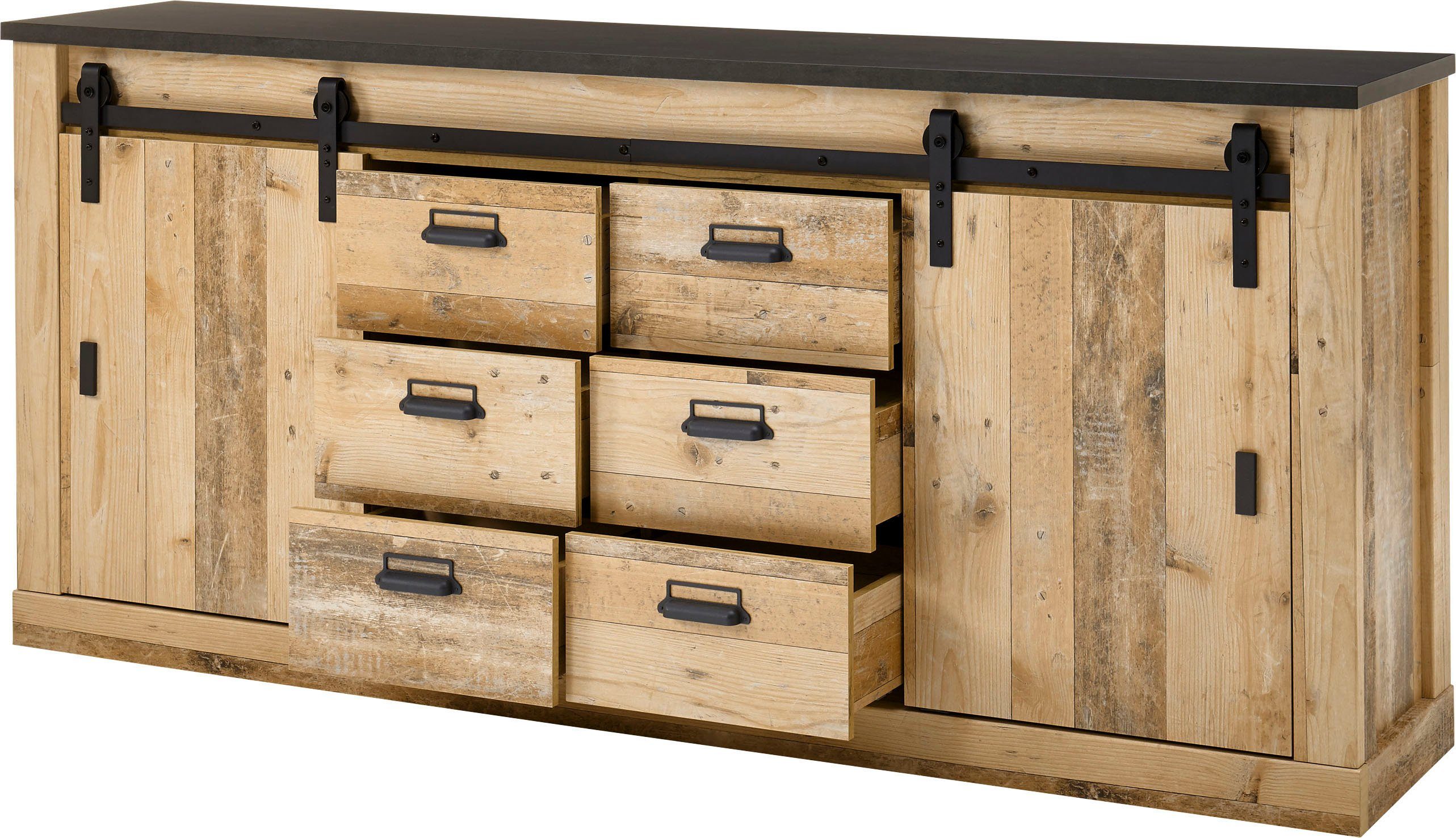 Home affaire Wandmeubel Sherwood Schuurdeurbeslag en apothekersgrepen van metaal, hoogte 201 cm (2-delig)