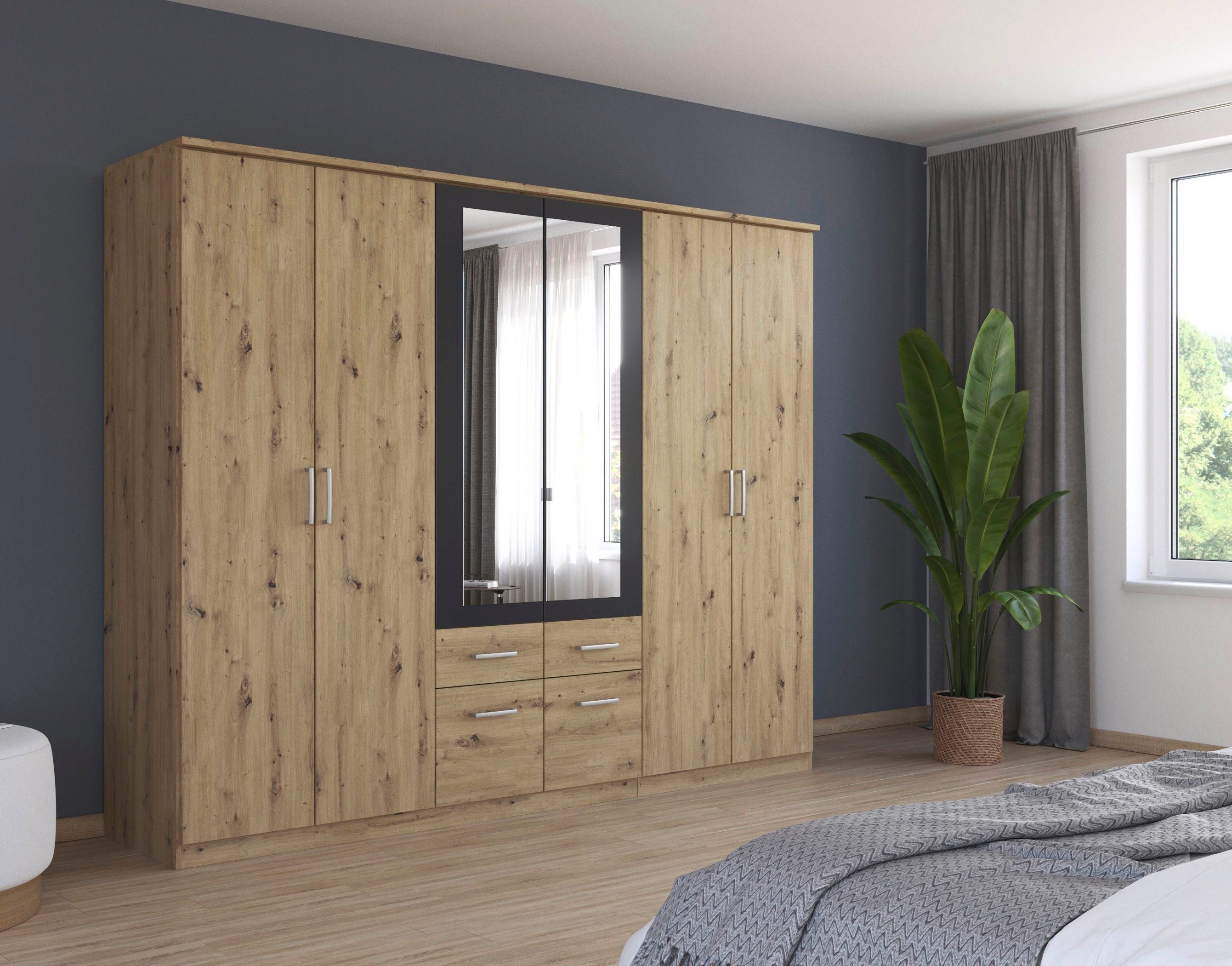 rauch Kledingkast Draai-deurkast Garderobe BURANO met lades en spiegelomranding in kleuraccent made in germany kledingkasten maat 271 cm x 212 cm x