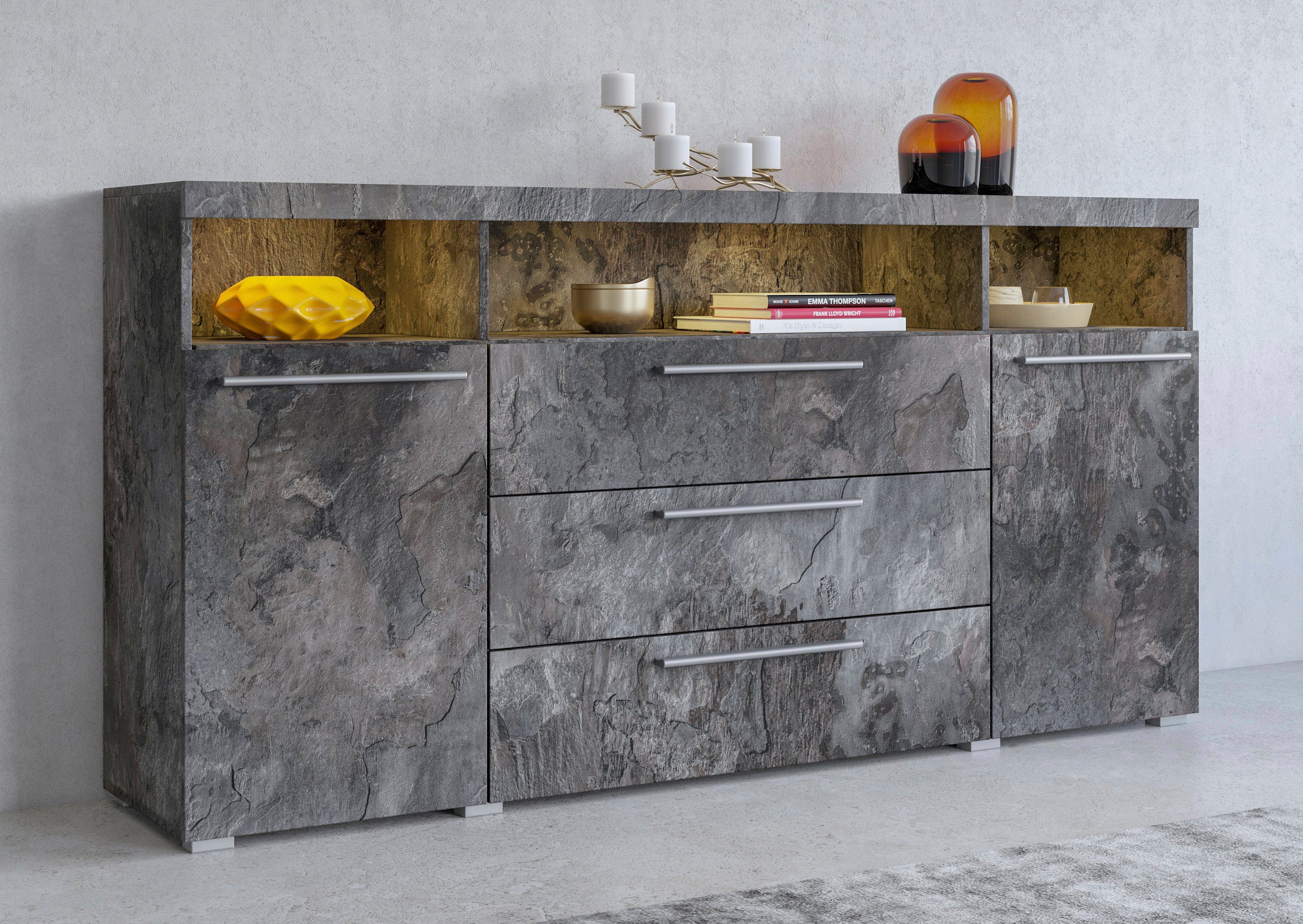 INOSIGN Dressoir India, breedte 182cm, moderne dressoir met 2 deuren, 3 lades, combikast dressoirs zwart