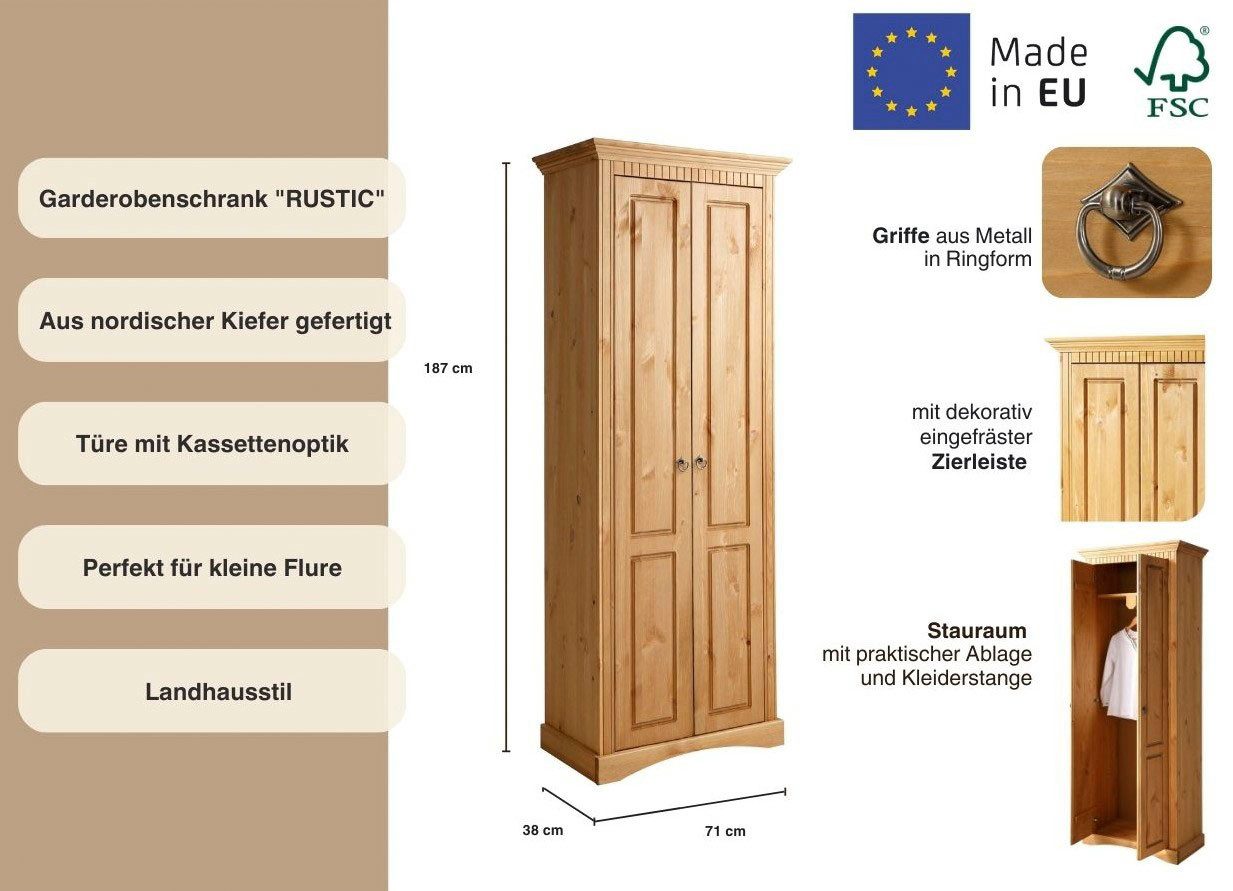 Home affaire Kledingkast Rustiek gemaakt van massief grenen, breedte 71 cm, met cassette-look