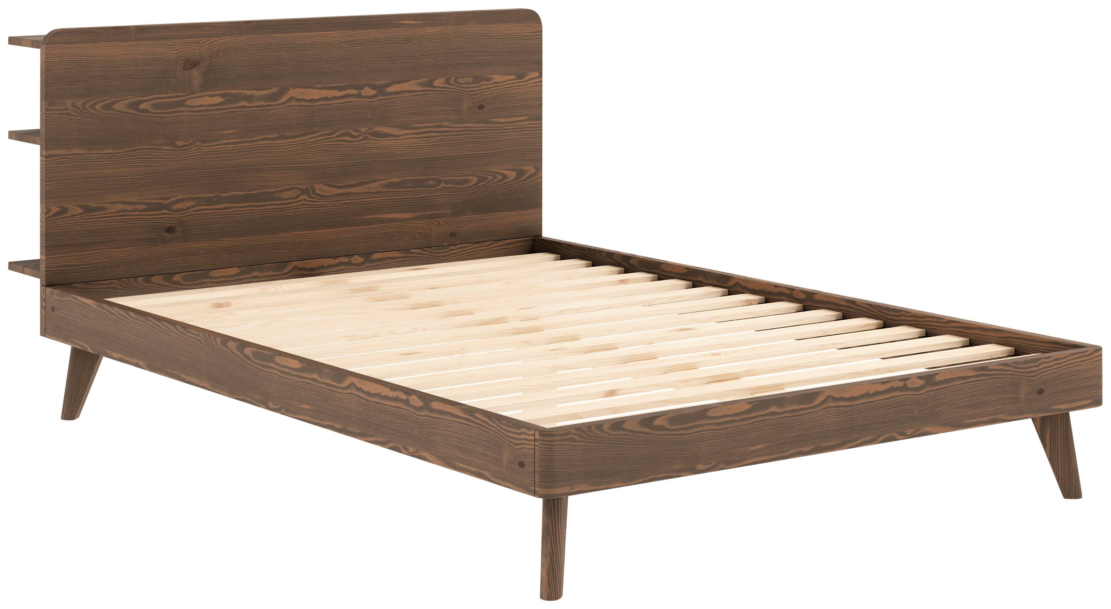 Karup Bedframe RETREAT BED van massief grenen met lattenbodem, hoofdbord met 3 legplanken