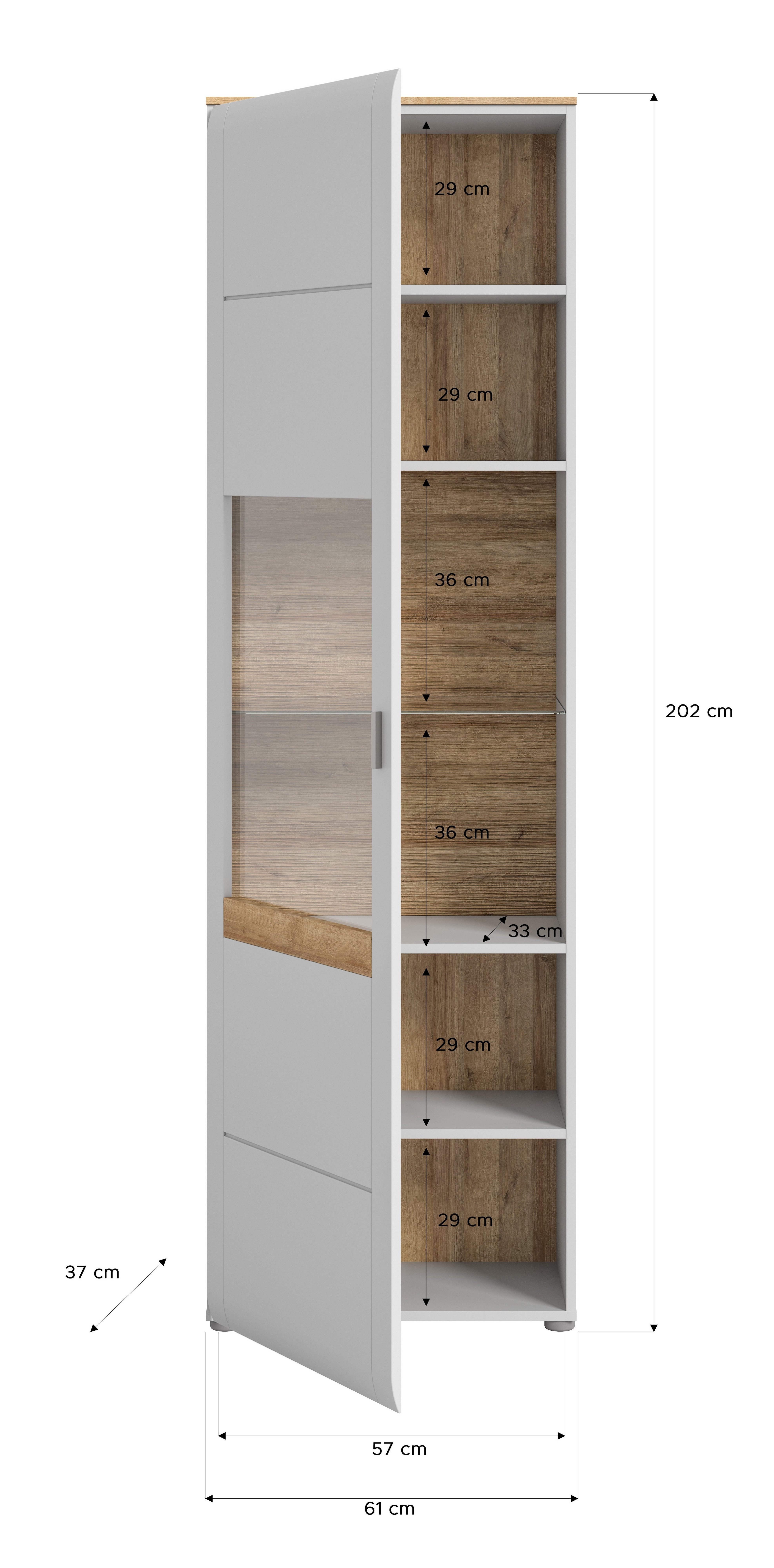 INOSIGN Staande vitrinekast Aska, Hoogte 202 cm, Metalen greep, 1 Glazen deur, 1 Glazen plank, 6 Vakken (1 stuk)