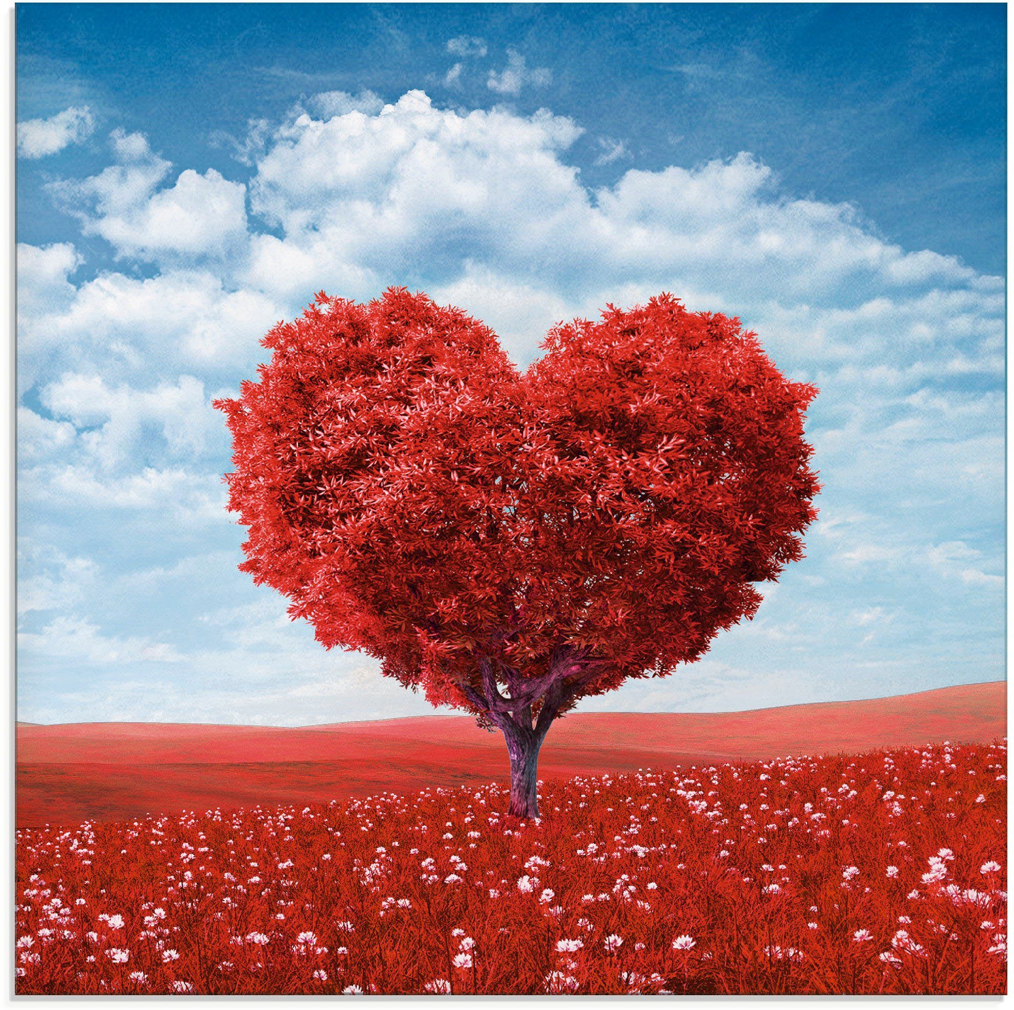 Artland Print op glas Boom in de vorm van een hart glazen artprint maat 30 cm x 30 cm rood