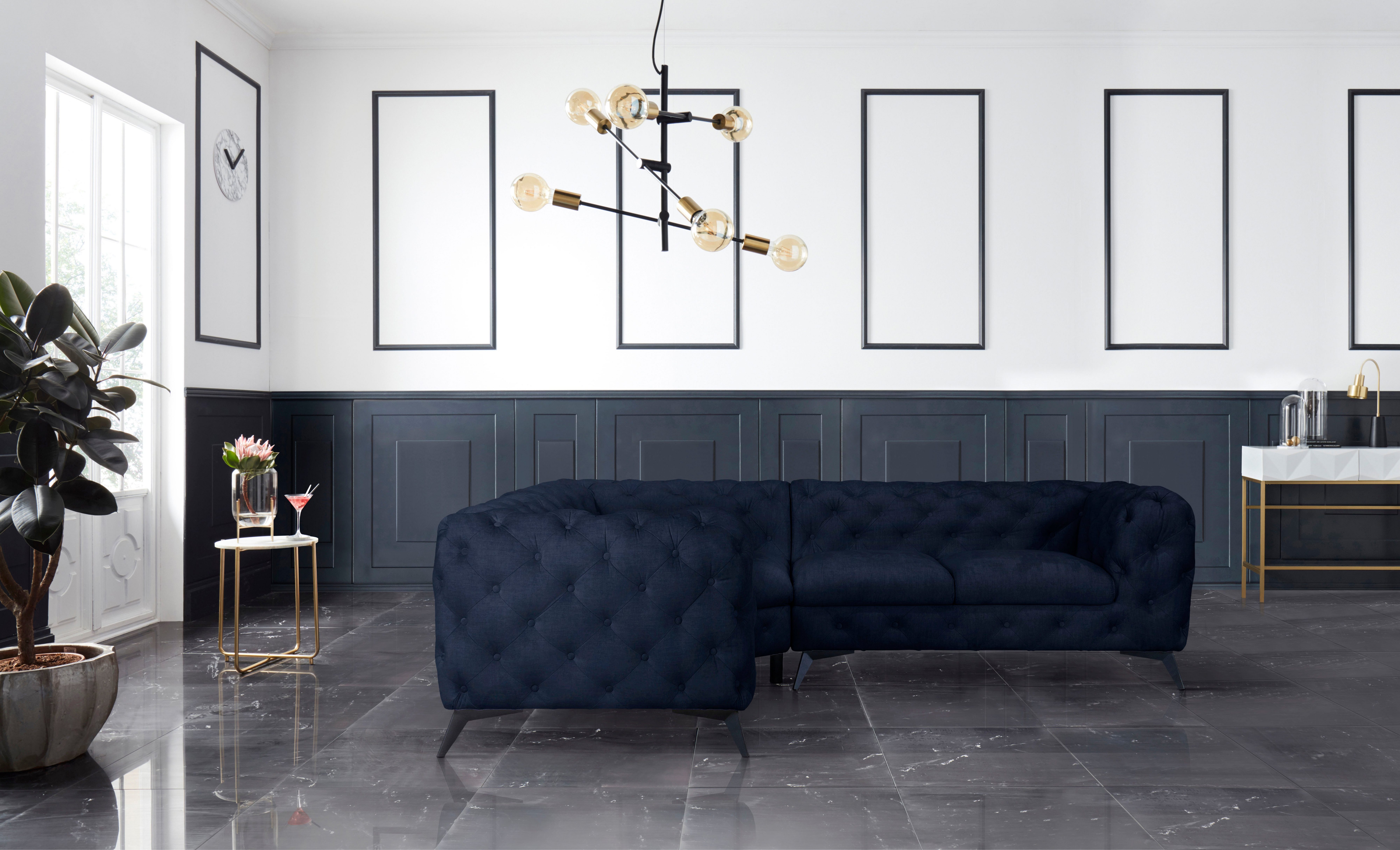 Leonique Chesterfield-bank Glynis L-vorm luxueuze capitonnage, moderne chesterfield look, kleur van de poten ter keuze