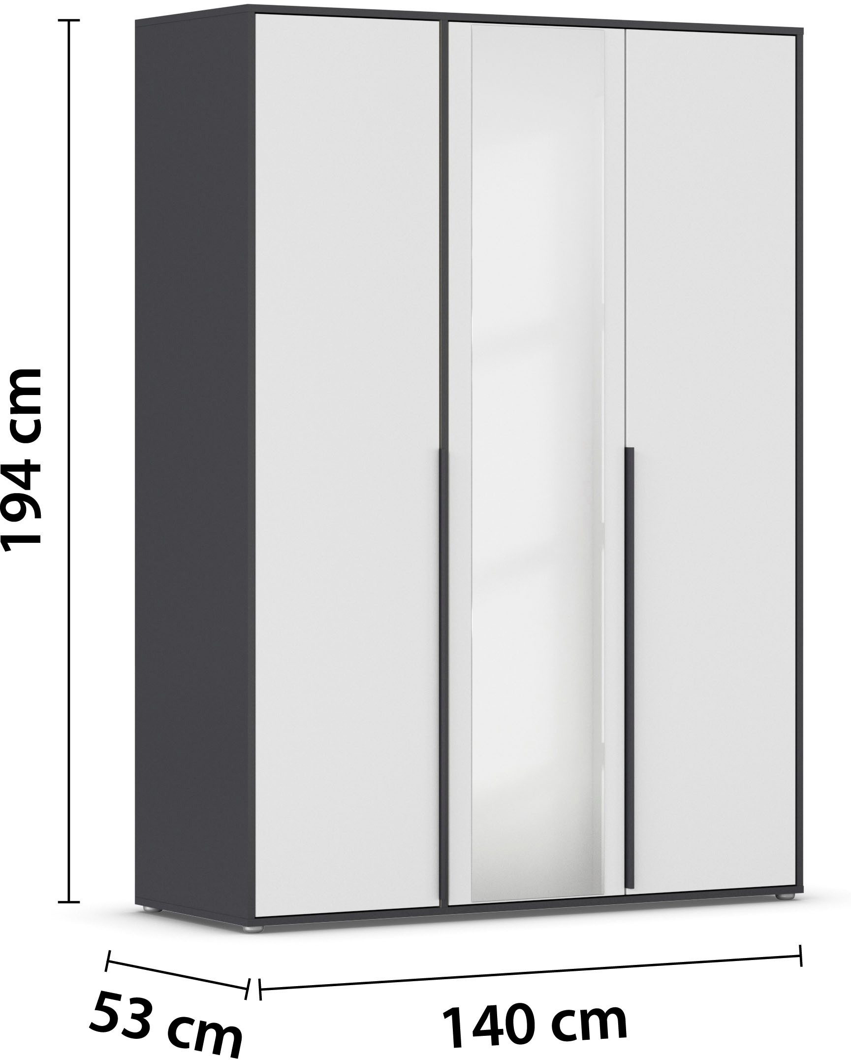 rauch Draaideurkast Kledingkast Kast Garderobe Wasmand NAGATA met Spiegel und modernen stangengriffen in graumetallic topseller made in germany