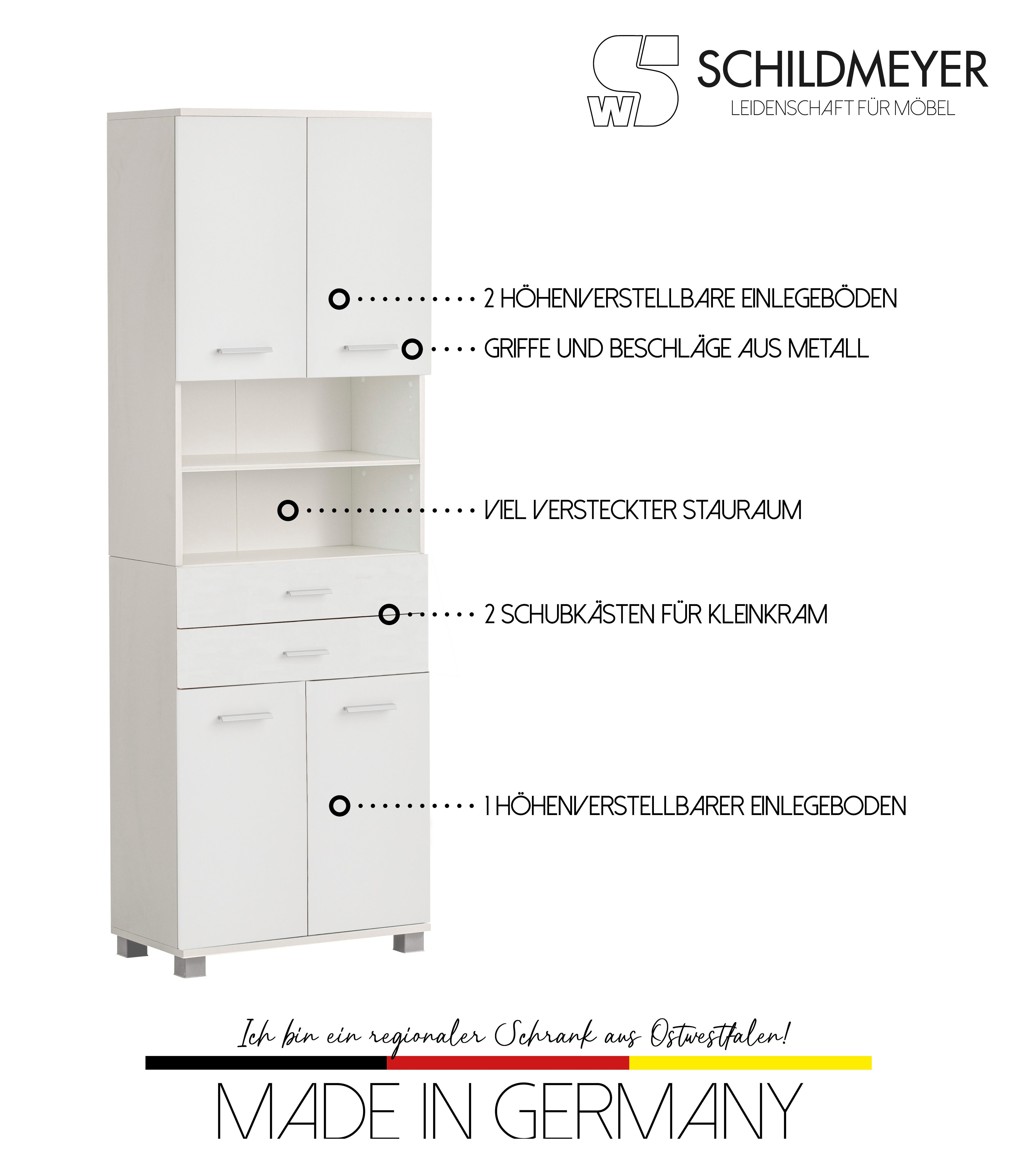 welltime Hoge kast Palermo, Made in Germany Breedte 60 cm, verstelbare planken, metalen grepen