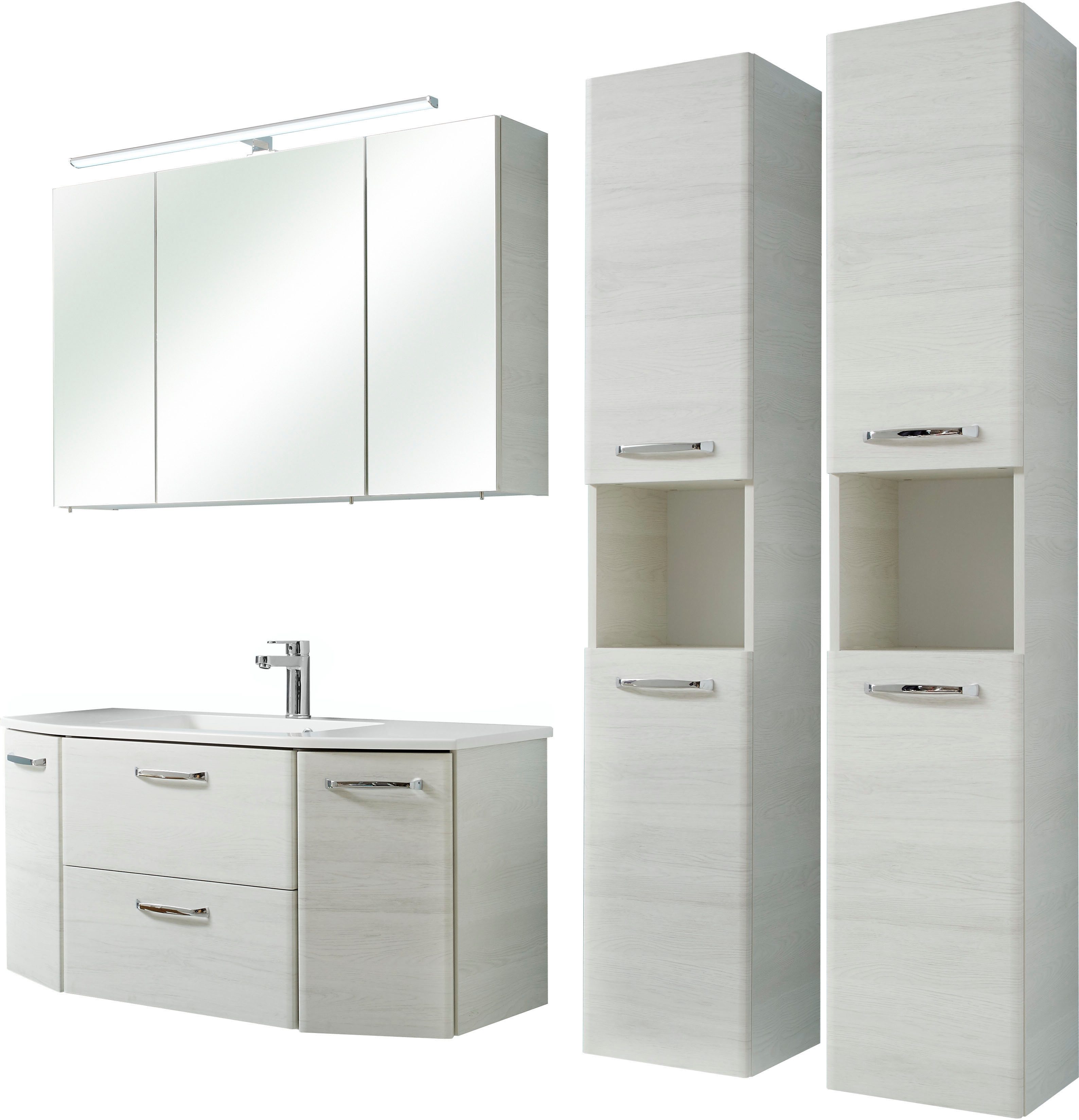 Saphir Badmeubelset Quickset 936 4-delig, mineraalmarmeren wastafel en led-spiegelkast (set, 4 stuks) badmeubelsets wit