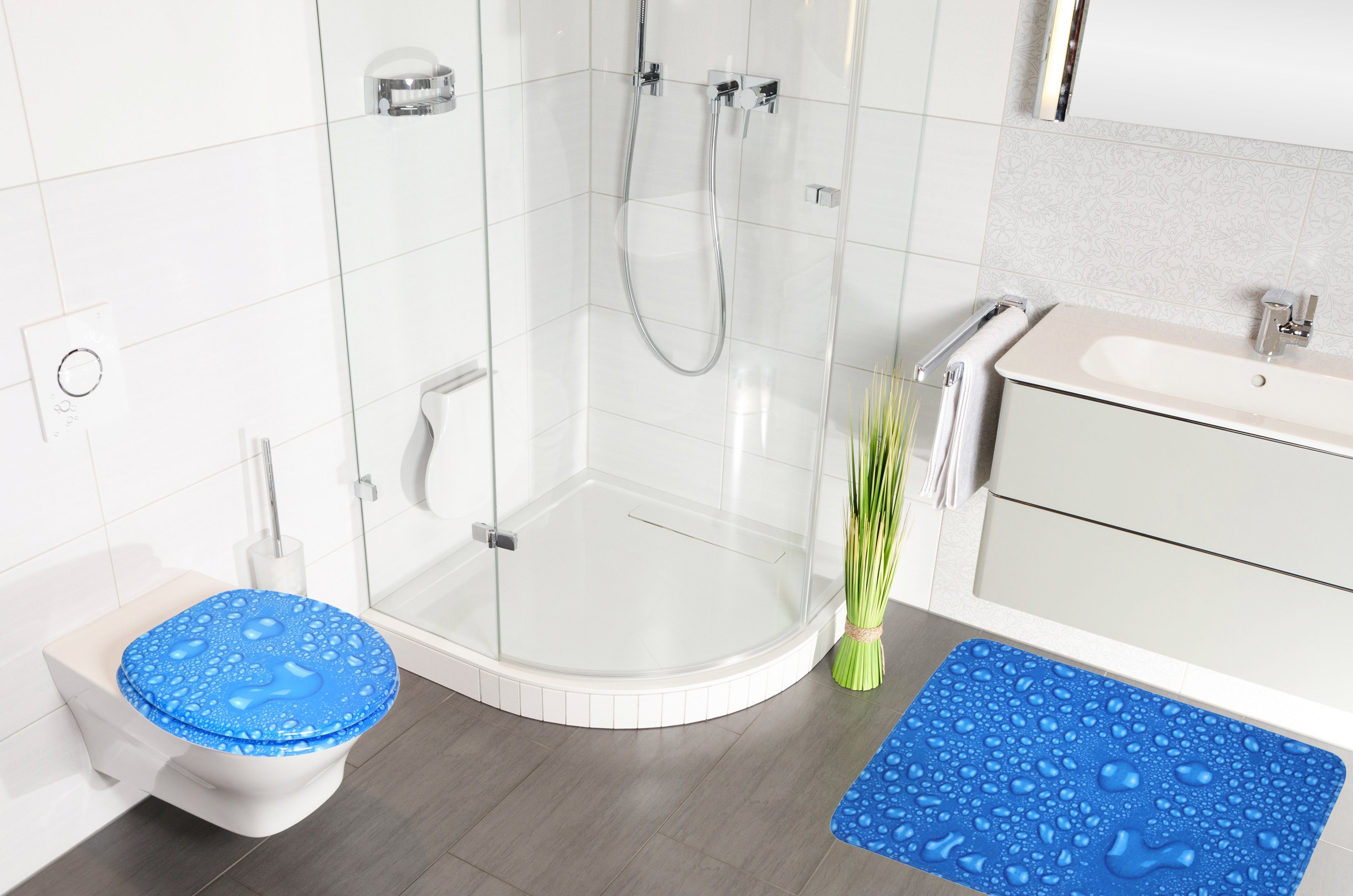 Sanilo Set badkameraccessoires Dauwdruppel blauw bestaand uit toiletzitting, badmat en wastafelplug (complete set, 3-delig)