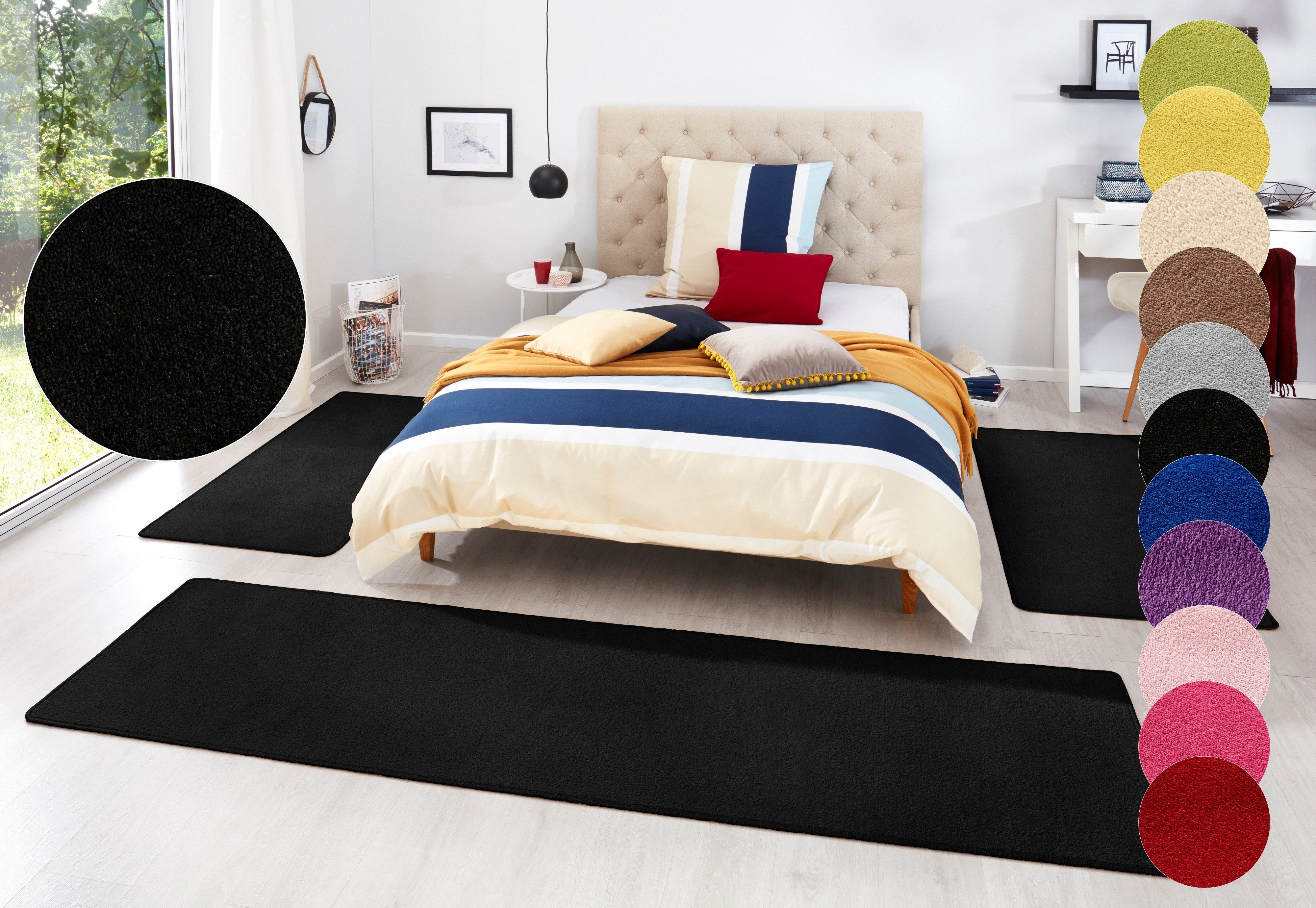 HANSE Home Set slaapkamerkleedjes Fancy Unikleur, slaapkamerkleed, 3-delige loperset voor de slaapkamer bedvloerkleden maat 46 zwart