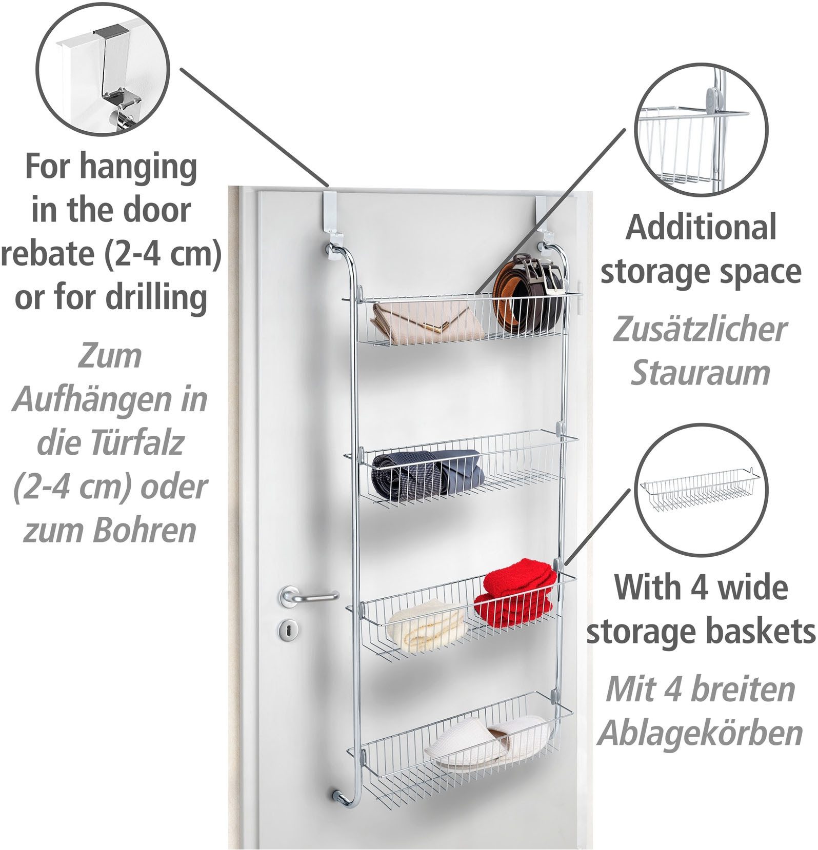 WENKO Deurrekje XL om op te hangen aan deuren, metalen hangplank met 4 manden