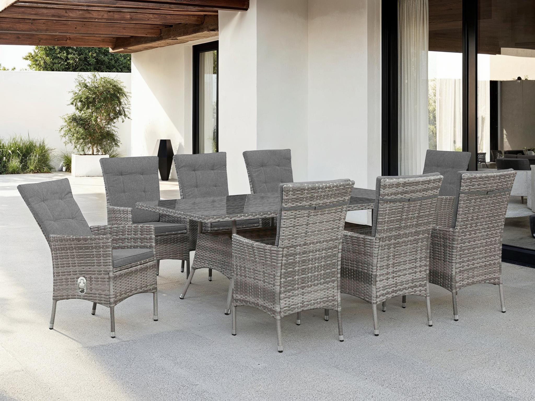 KONIFERA Tuin-eethoek Belluno Bergruimte onder de tafel, grijs, 2 van de 8 fauteuils traploos verstelbaar (set, 17-delig) tuinsets grijs