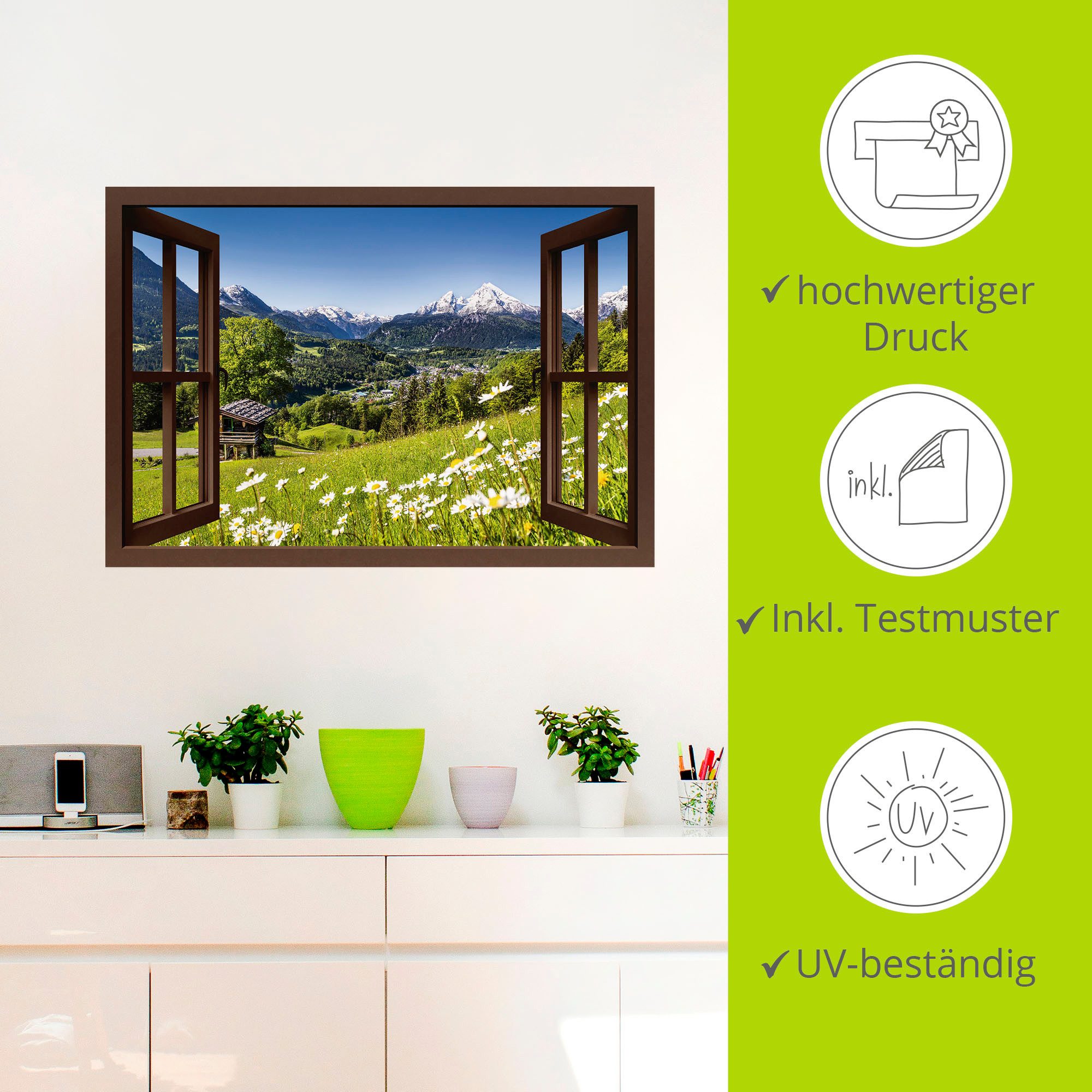 Artland Artprint Blik uit het venster Beierse Alpen als artprint van aluminium, artprint voor buiten, artprint op linnen, poster, muursticker