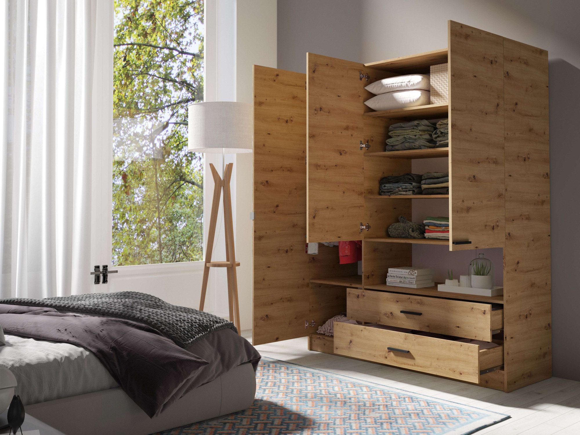INOSIGN Kledingkast LAREDO Wäscheschrank komplette Innenausstattung, Maße 158,3/200,5/55cm Garderobe met open vak, 3 deuren en 2 lades, FSC