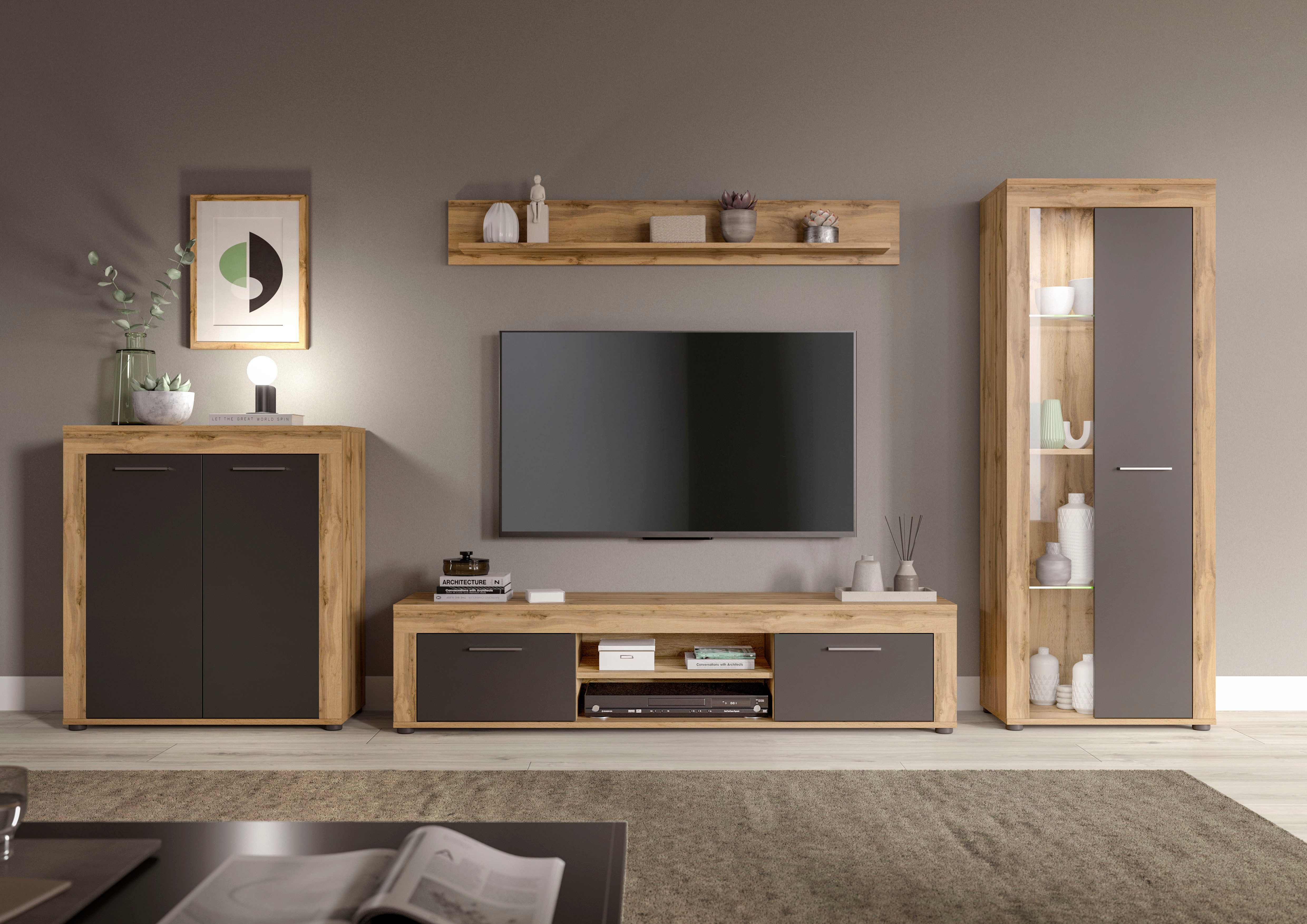 INOSIGN Wandmeubel Aosta, Breedte 330cm, bestaand uit Highboard, Lowboard, Wandplank, Vitrine (4-delig) tv-wandmeubels bruin