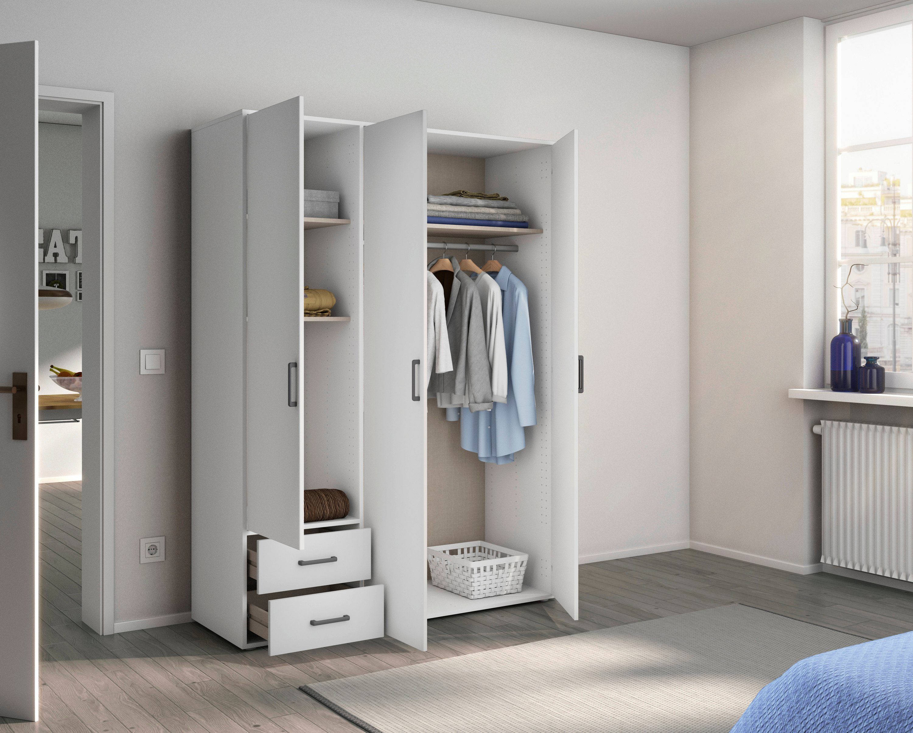 rauch Draaideurkast Voyager, kledingkast met buitenladen, garderobe moderne grepen in grijs metallic met buitenlades made in germany