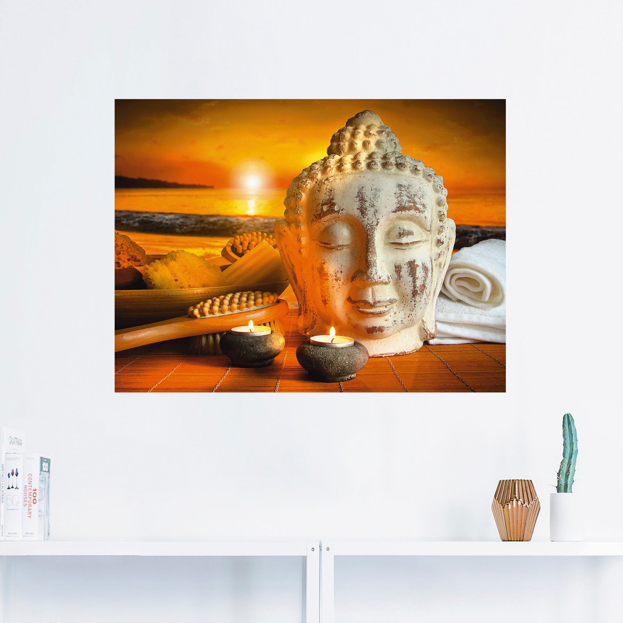 Artland Artprint Bad-accessoires met boeddha-standbeeld als artprint van aluminium, artprint op linnen, muursticker, verschillende maten