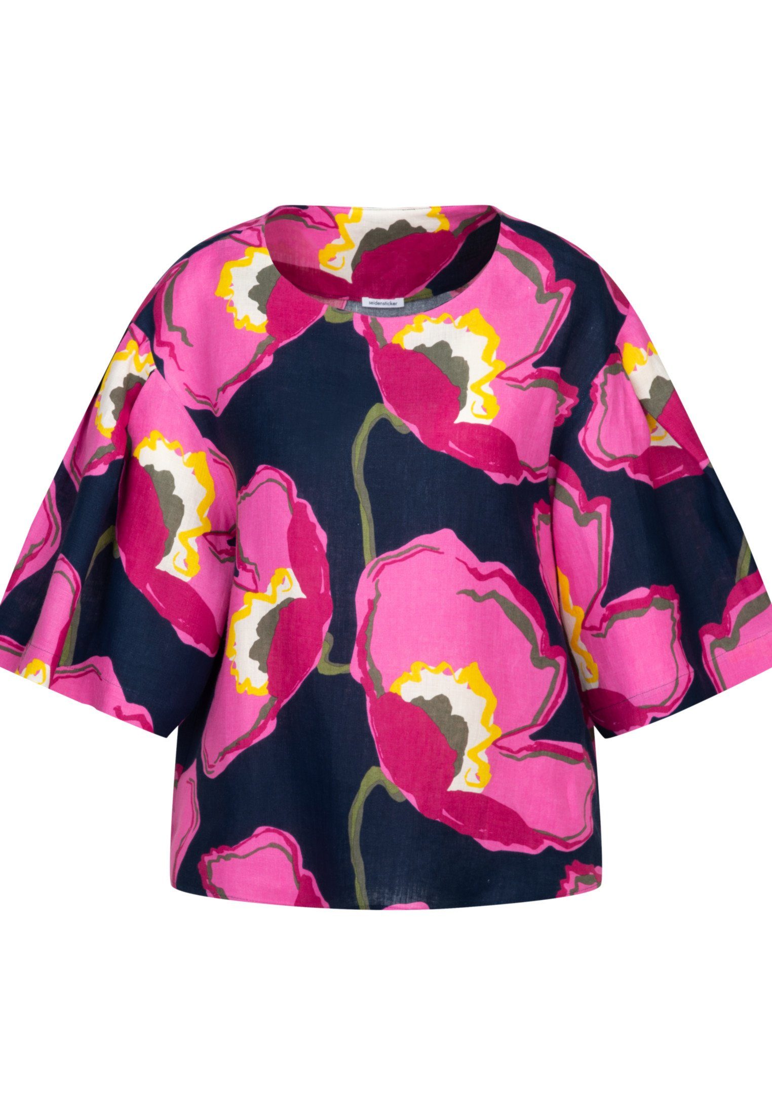 seidensticker Shirtblouse Zwarte roos Korte mouwen ronde hals in bloemmotief