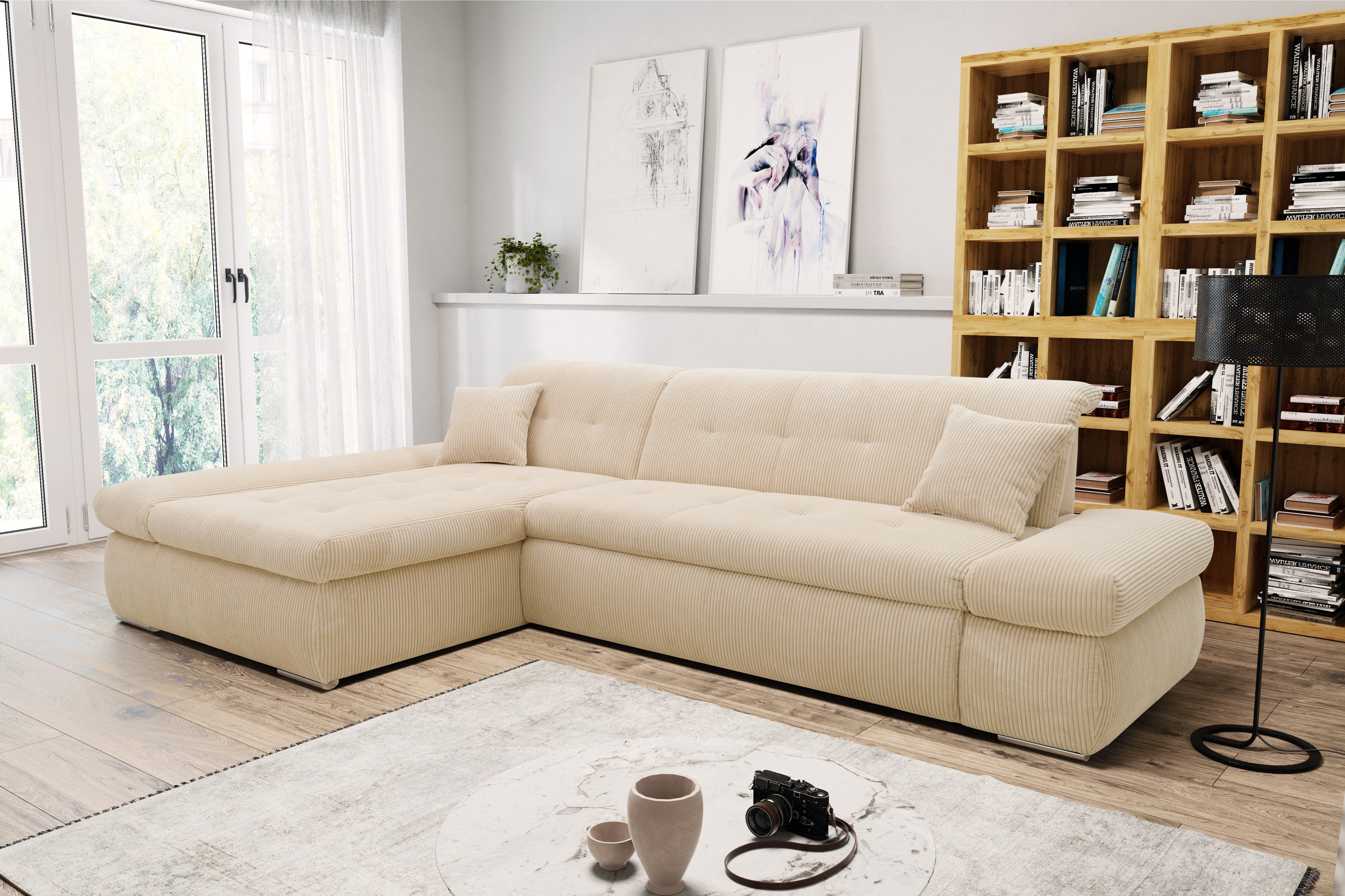 DOMO collection Hoekbank Moric Luxe - BxDxH 300x172x80 cm, XXL-formaat L-vorm, 140kg belasting/zitplaats, in cord, chenille, kunstleer beige,