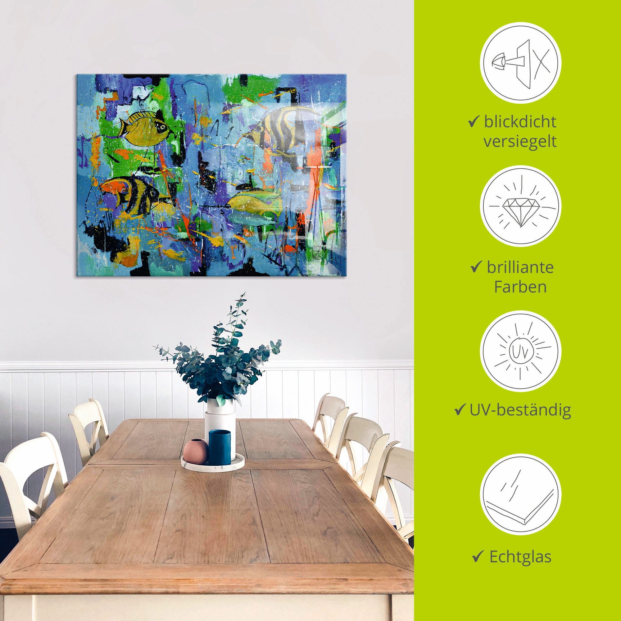 Artland Print op glas Abstract vissen blauw in verschillende maten
