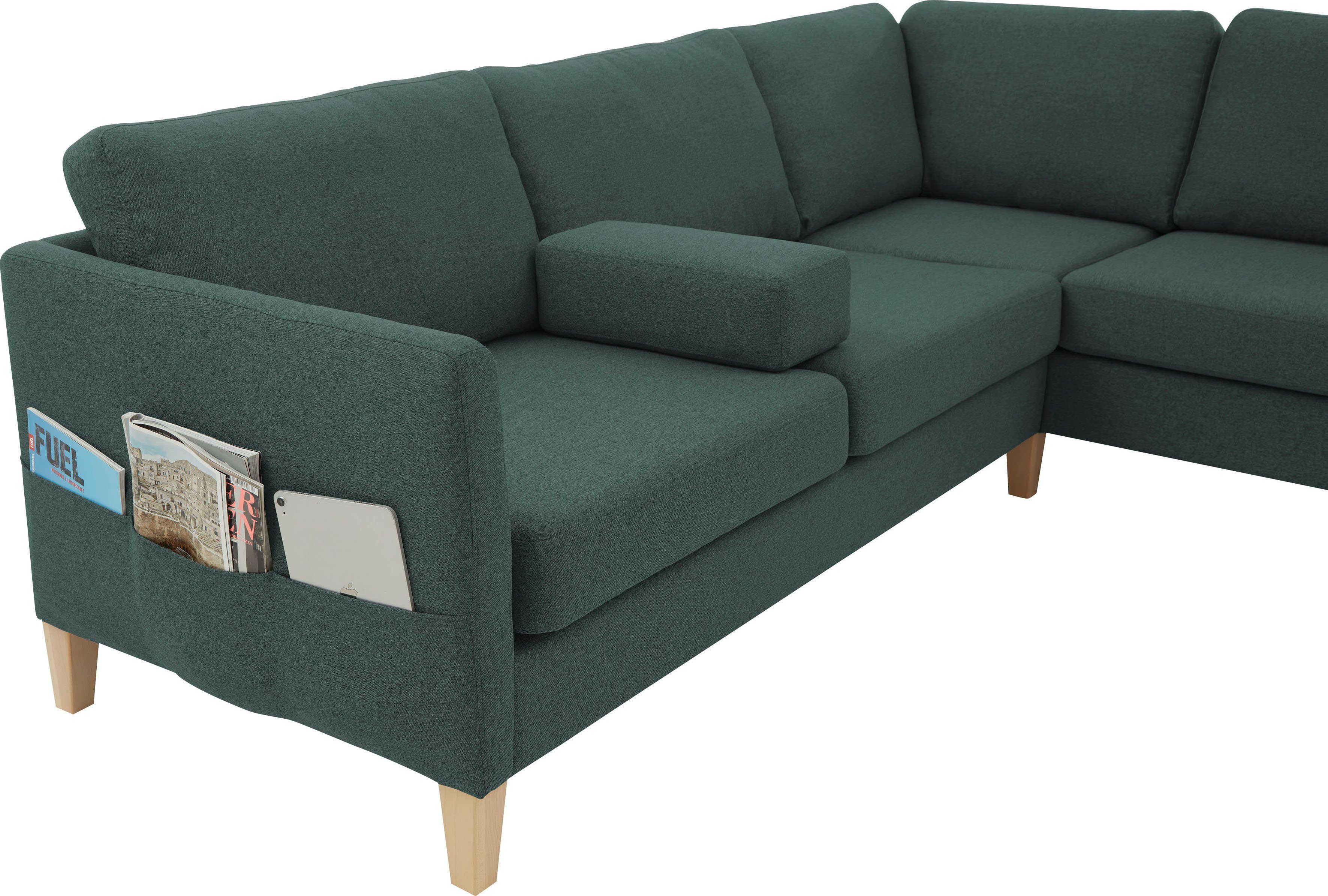 ATLANTIC home collection Hoekbank Mailo L-vorm met zakken opzij en ottomane, met massief houten poten
