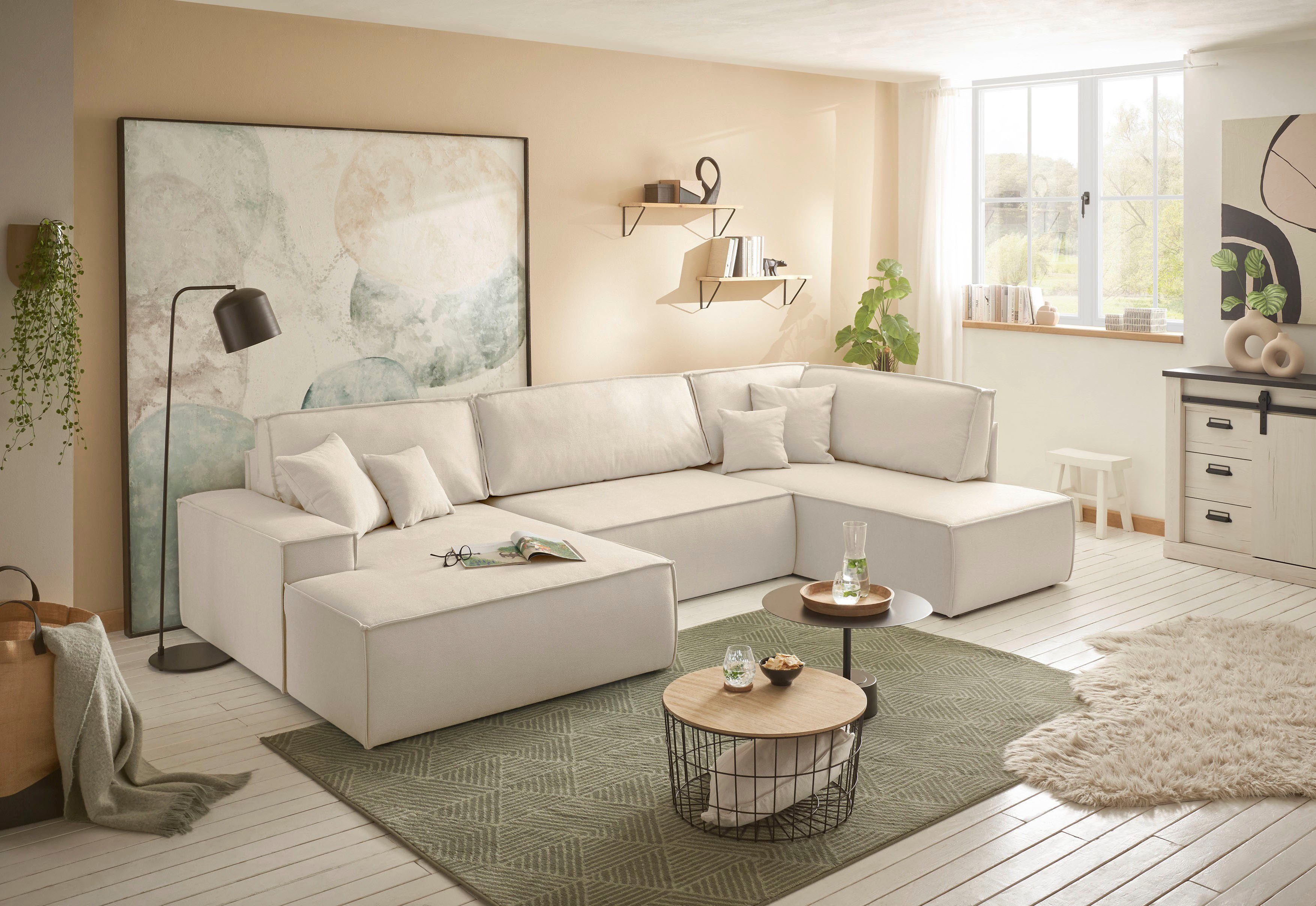 andas Zithoek FINNLEY U-model XXL 329 cm, bedbank, slaapfunctie m. bedkist
