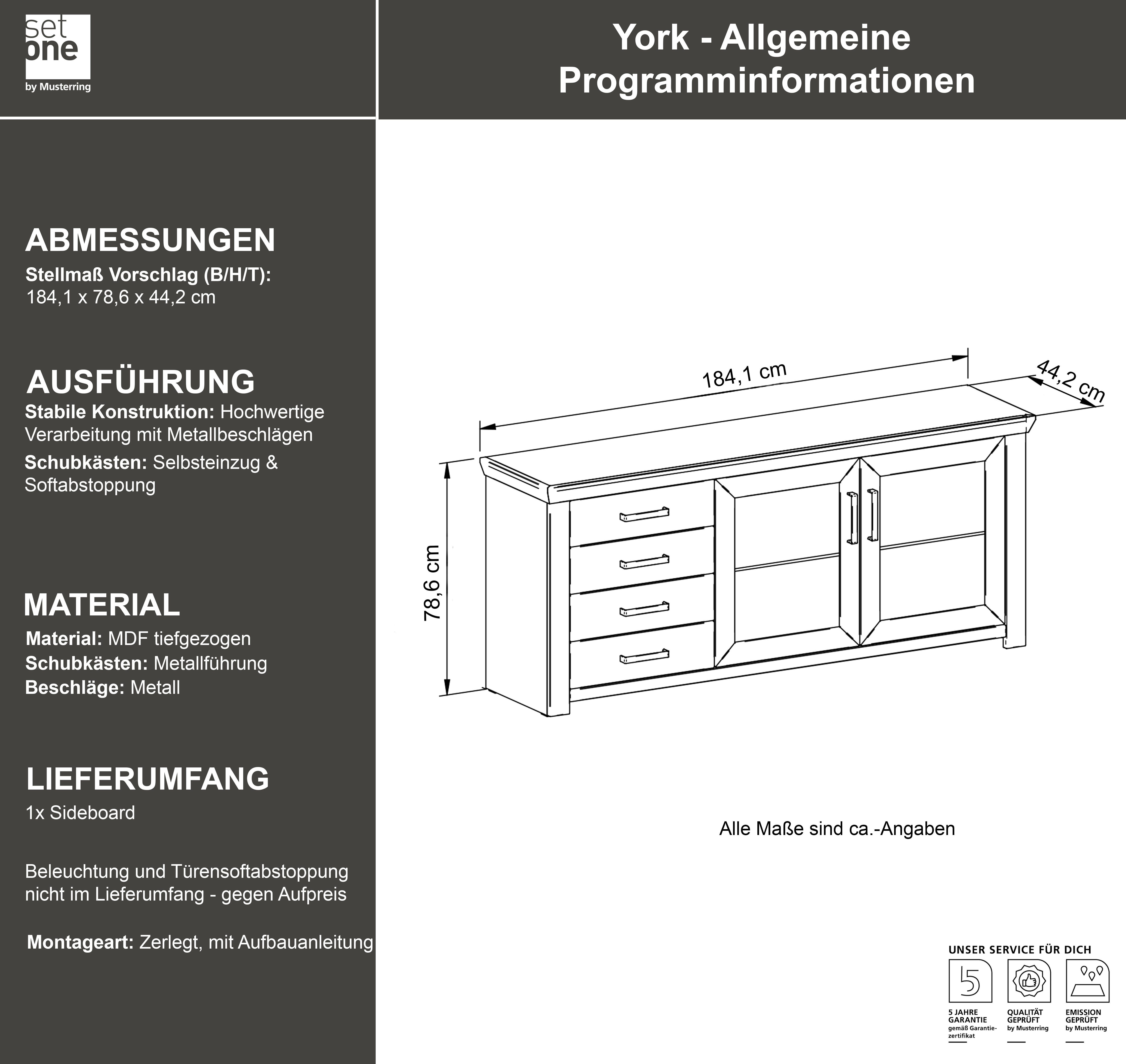 set one by Musterring Dressoir York Type 51, met veel opbergruimte, handvat zilverkleur, B 184 x H 79 cm