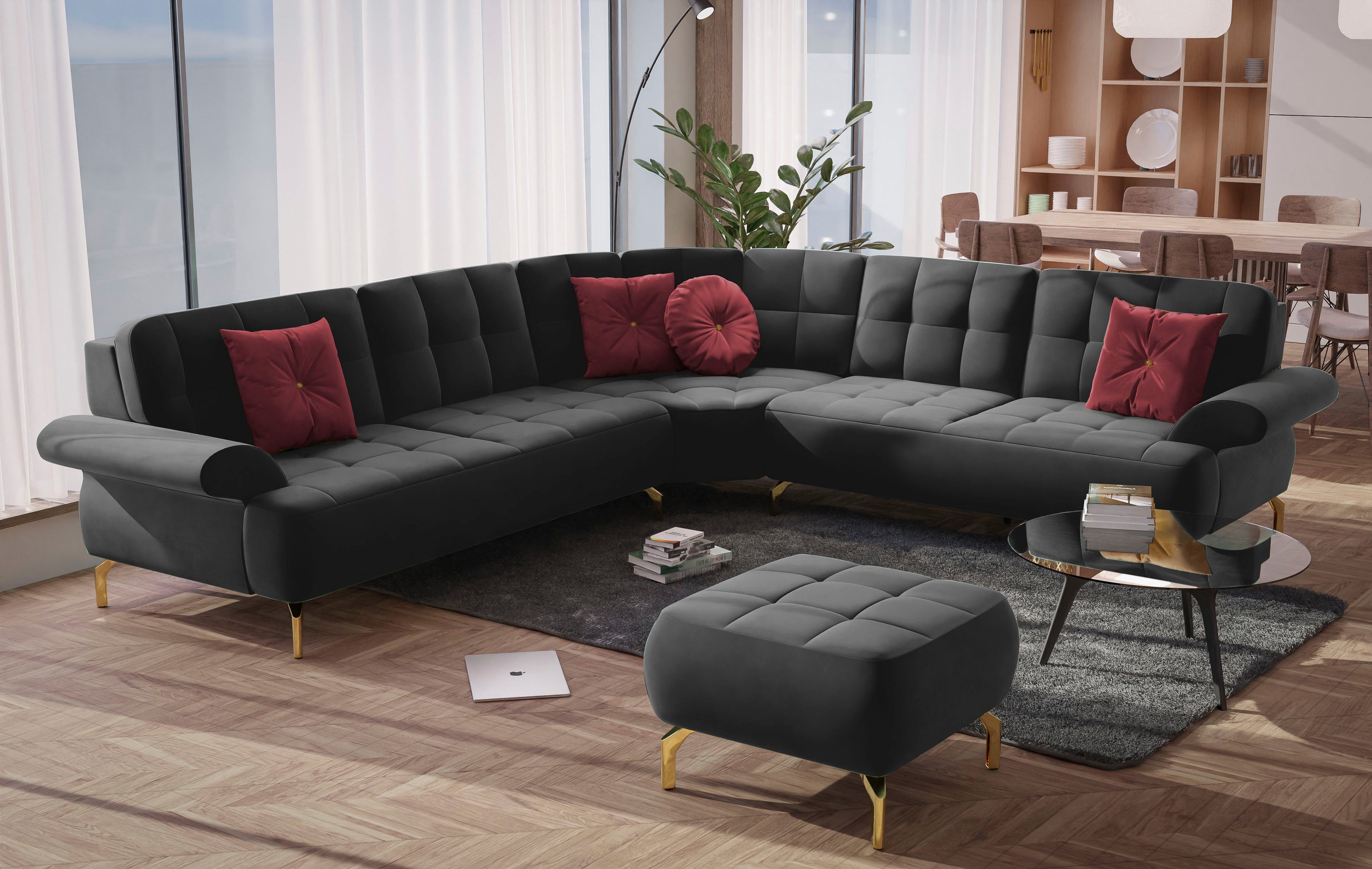 sit&more Hoekbank Orient 1 L-vorm inclusief 4 sierkussens met strassteentjes, goudkleurige metalen poten zwart, hoekbanken, langer Schenkel rechts