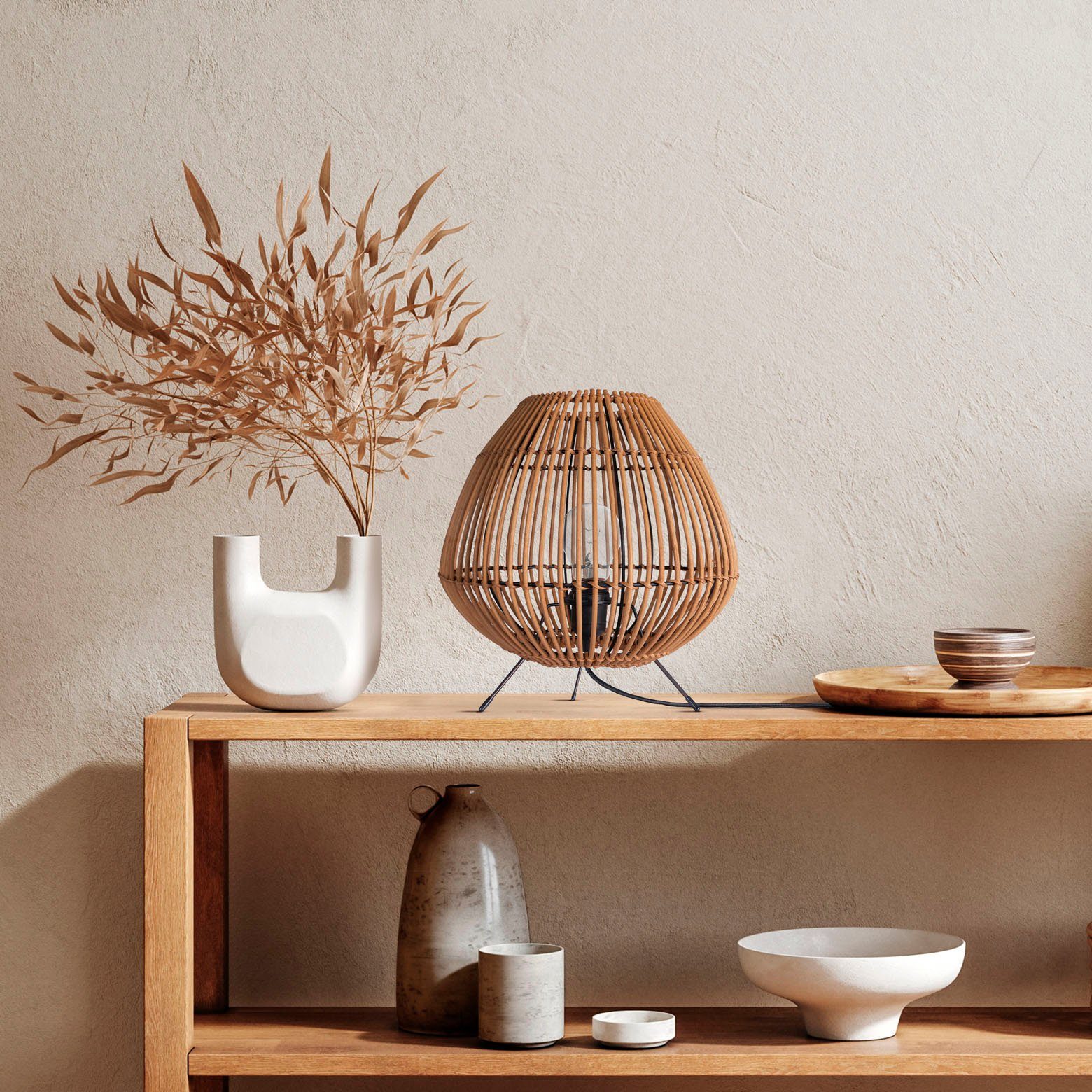 Paco Home Tafellamp PIRU Rattan Boho stijl driepoot natuurlijk nacht E27