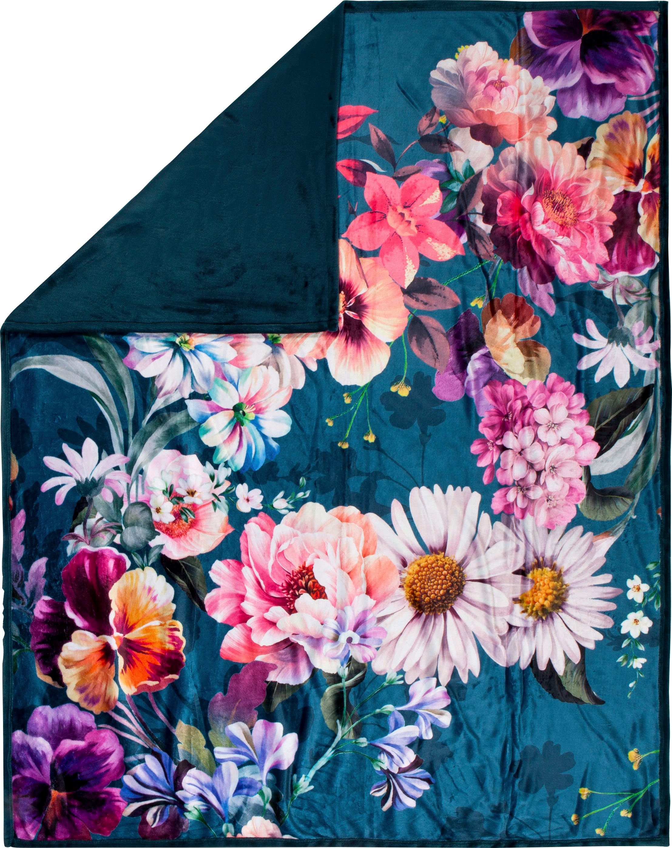 Descanso Plaid NOVARA Zeer zacht, knuffeldeken, 130x160 cm, omkeerbaar, bloemen, grijs