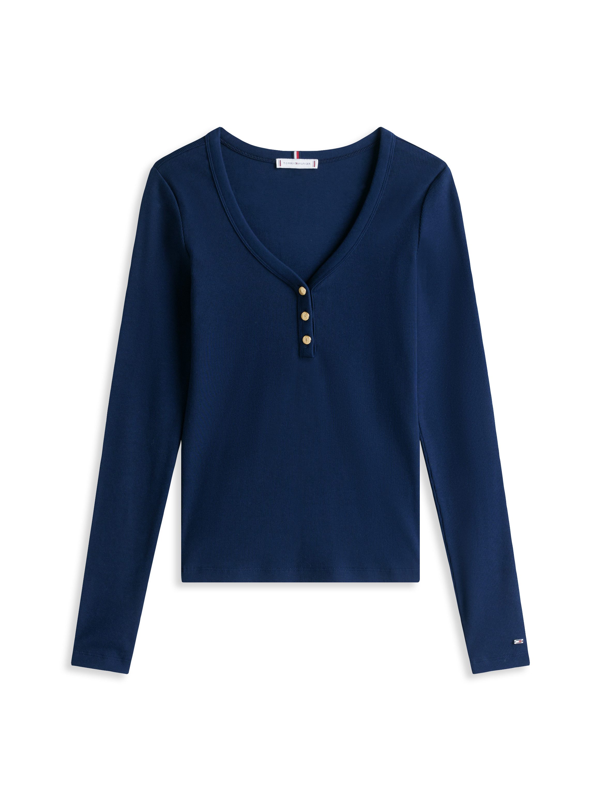 Tommy Hilfiger Shirt met lange mouwen SLIM HENLEY GB SCOOP-NK LS met ribstructuur, met metalen label