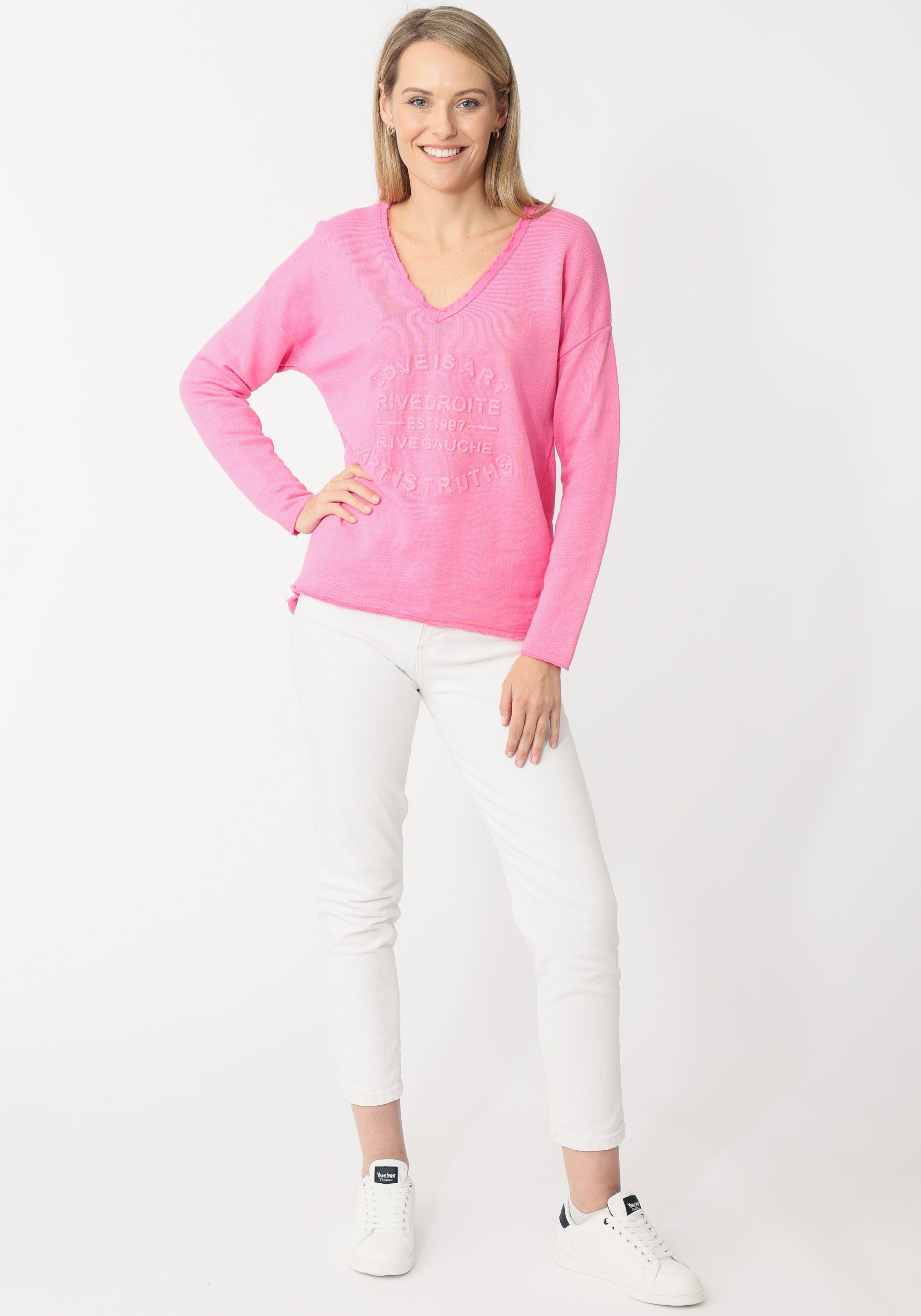 Zwillingsherz Sweatshirt met rafelige v-halslijn in vintage-look