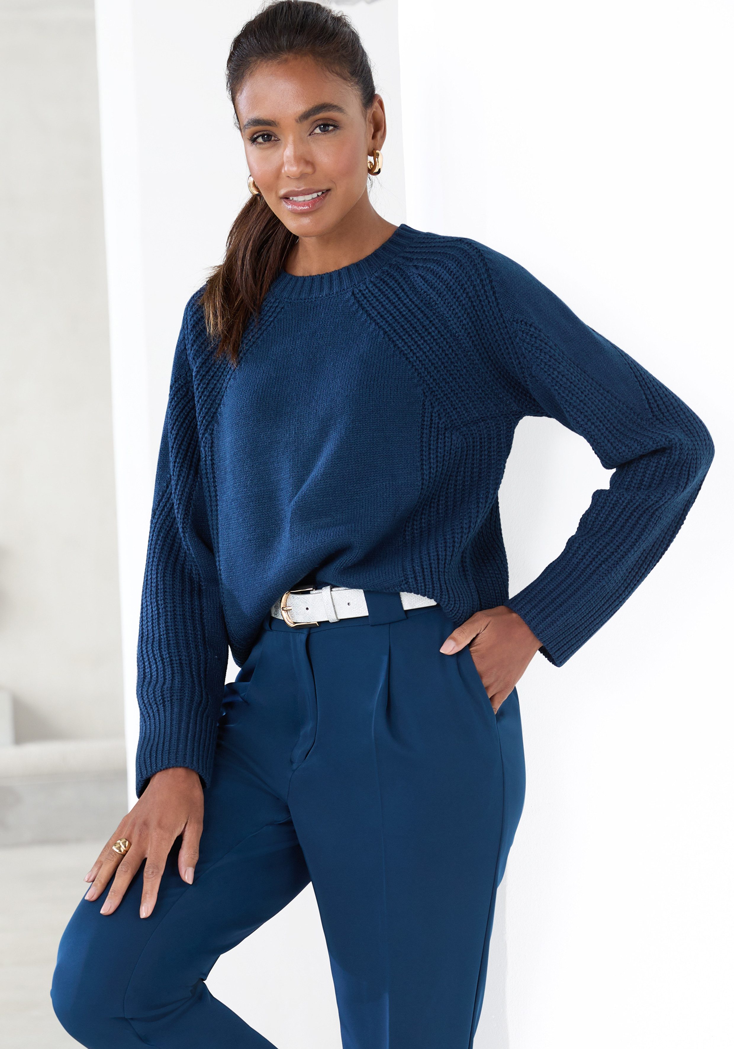 Lascana Gebreide trui met grof brei-details, dames trui met ronde hals dames truien maat 44/46 blauw