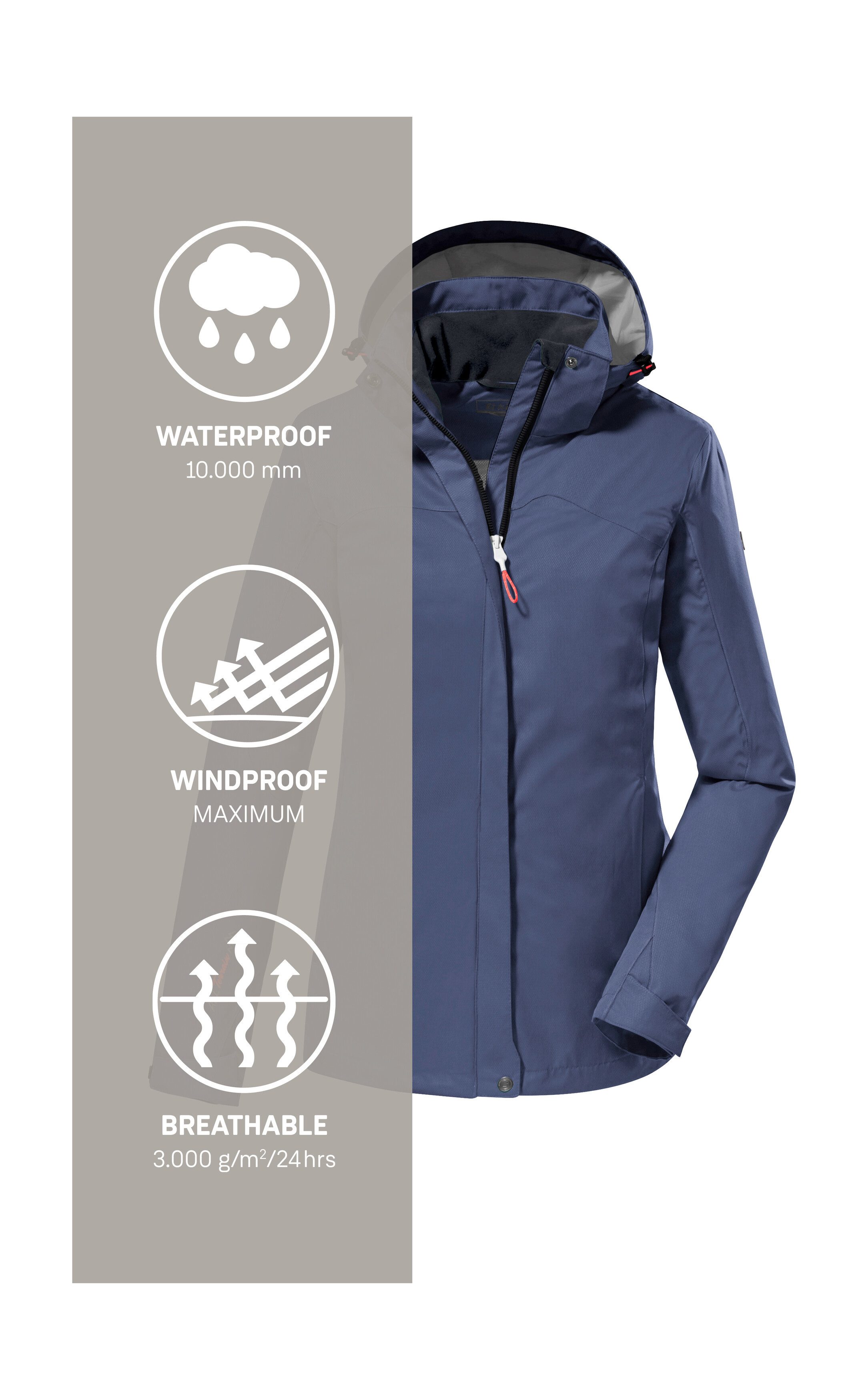 Killtec Outdoorjack KOS 133 WMN JCKT Water- en winddichte damesjack met afneembare capuchon, PFAS-vrij