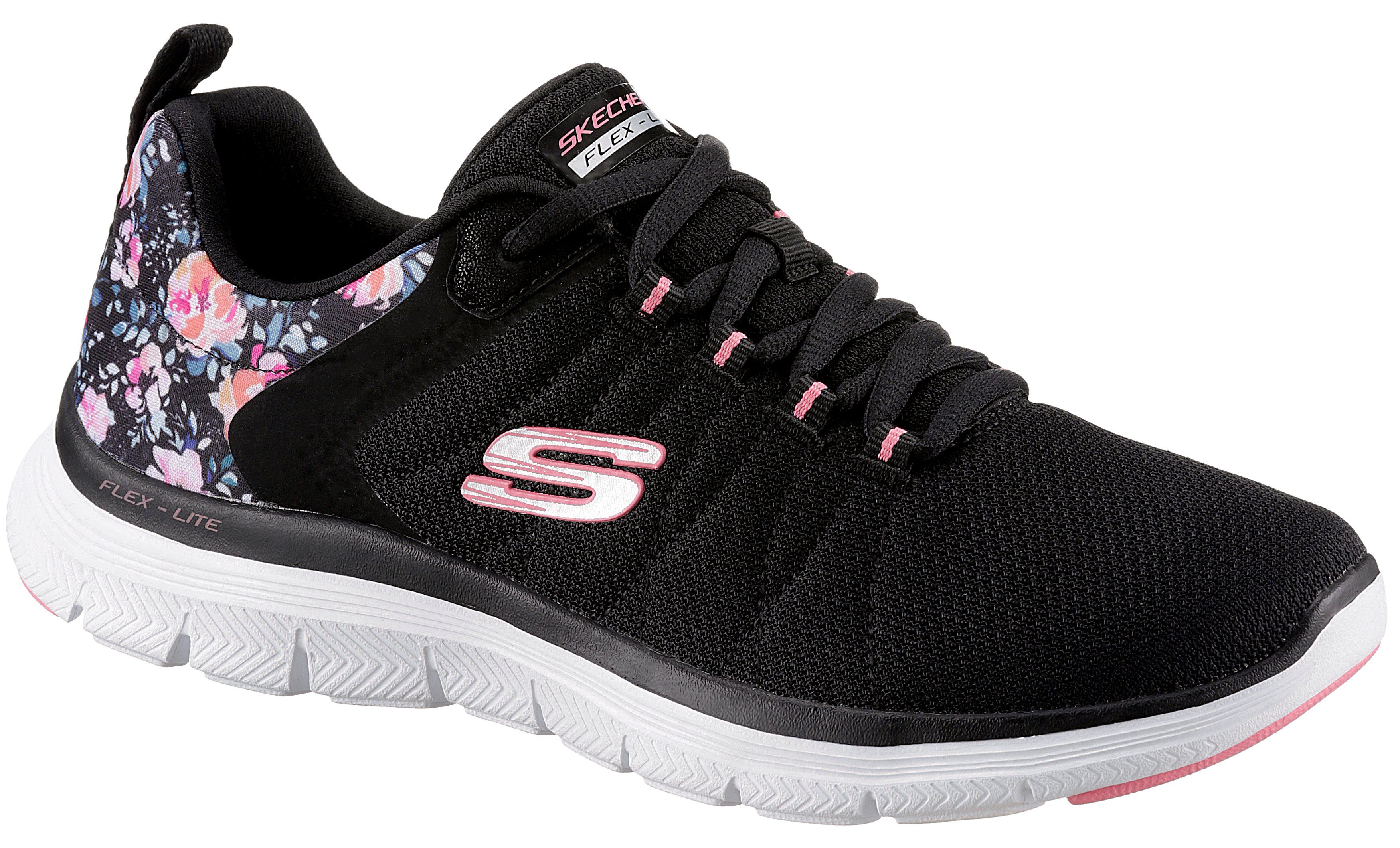 Skechers Sneakers FLEX APPEAL 4.0 LET IT BLOSSOM met bloeiprint op de hiel, vrijetijdsschoen, lage schoen, veterschoen dames schoenen maat 35 EU zwart