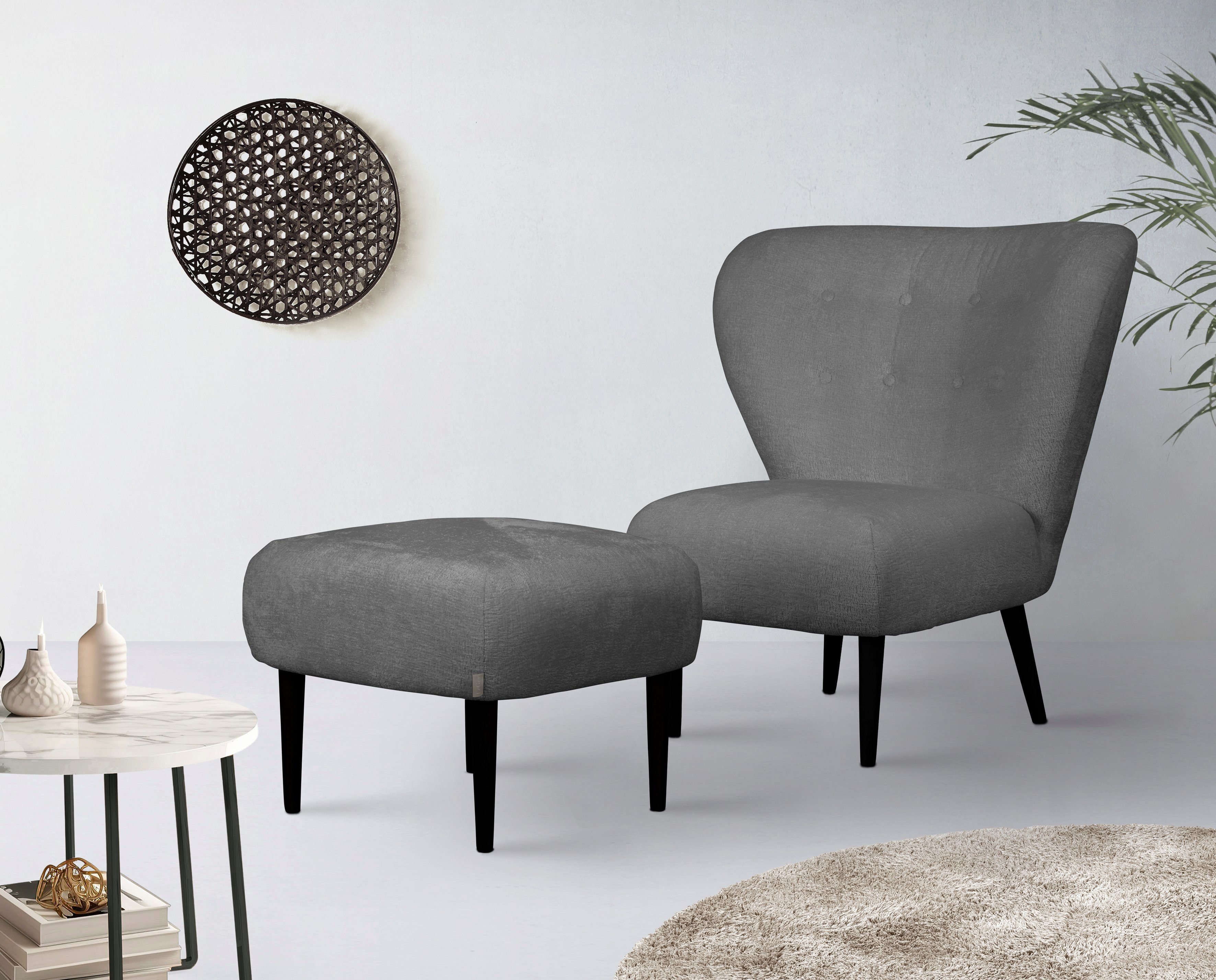 LeGer Home by Lena Gercke Fauteuil Dinah Knoopdetails op de achterkant, naar keuze met of zonder poef/voetenbank fauteuils zwart