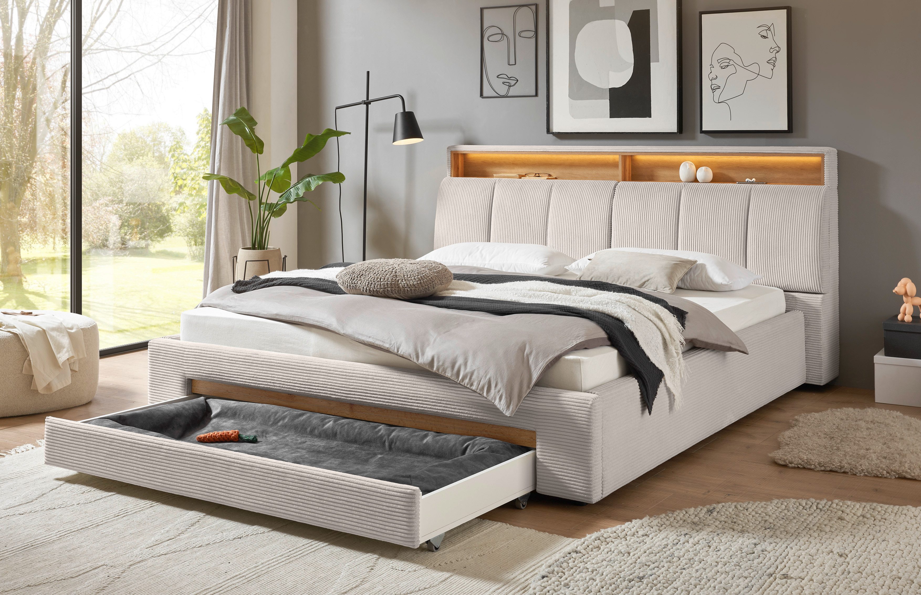 INOSIGN Gestoffeerd bed CiTY/GiRON,, gepolsterd opbergbed, met LED-verlichting Bedkisten met hondenbed of als opbergruimte, opklapbare hoofdeinden