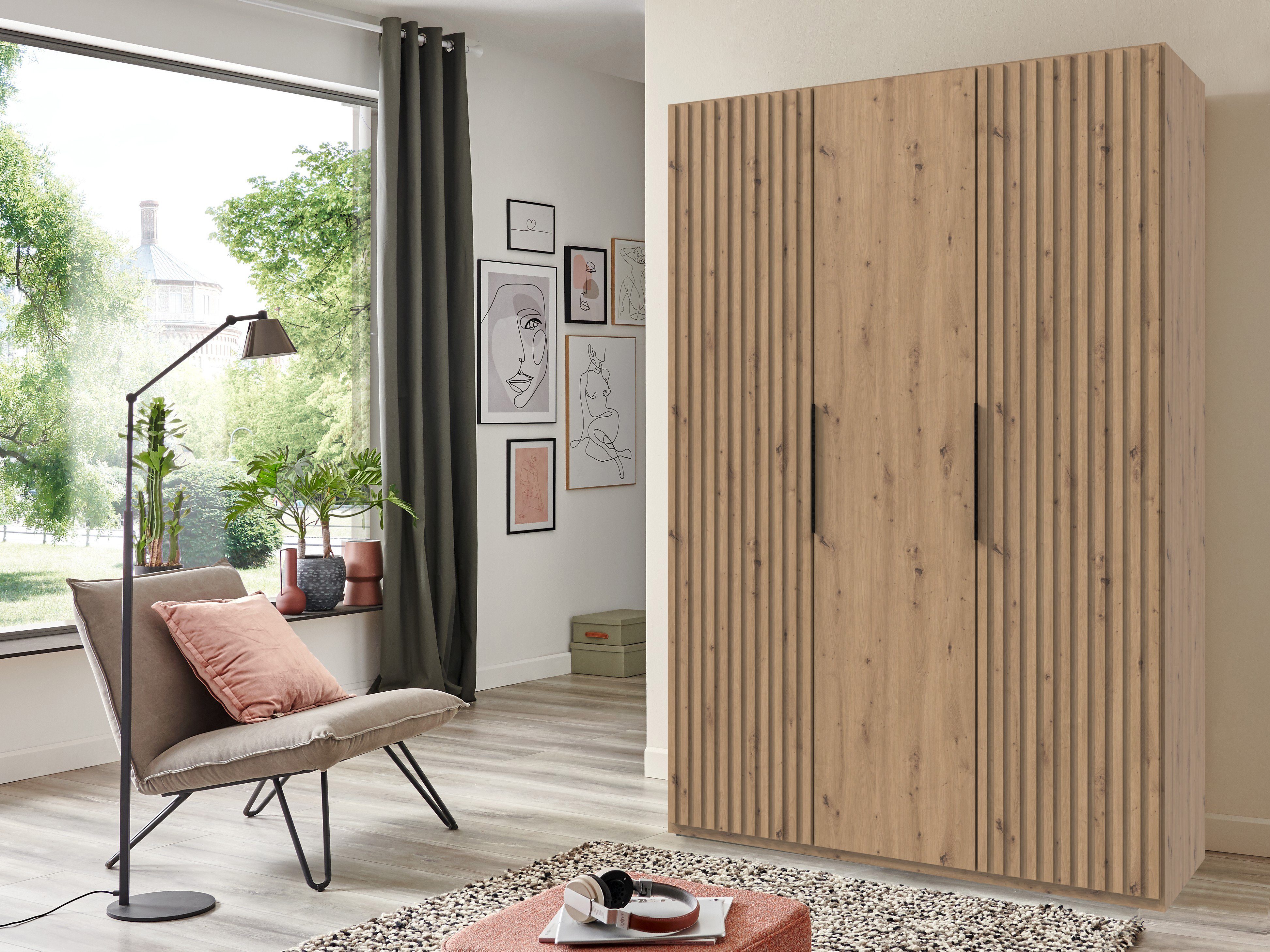 Wimex Draaideurkast Andorra by fresh to go Met 3D-stroken voor akoestische paneel-look kledingkasten maat 150 cm x 216 cm x 58 cm beige