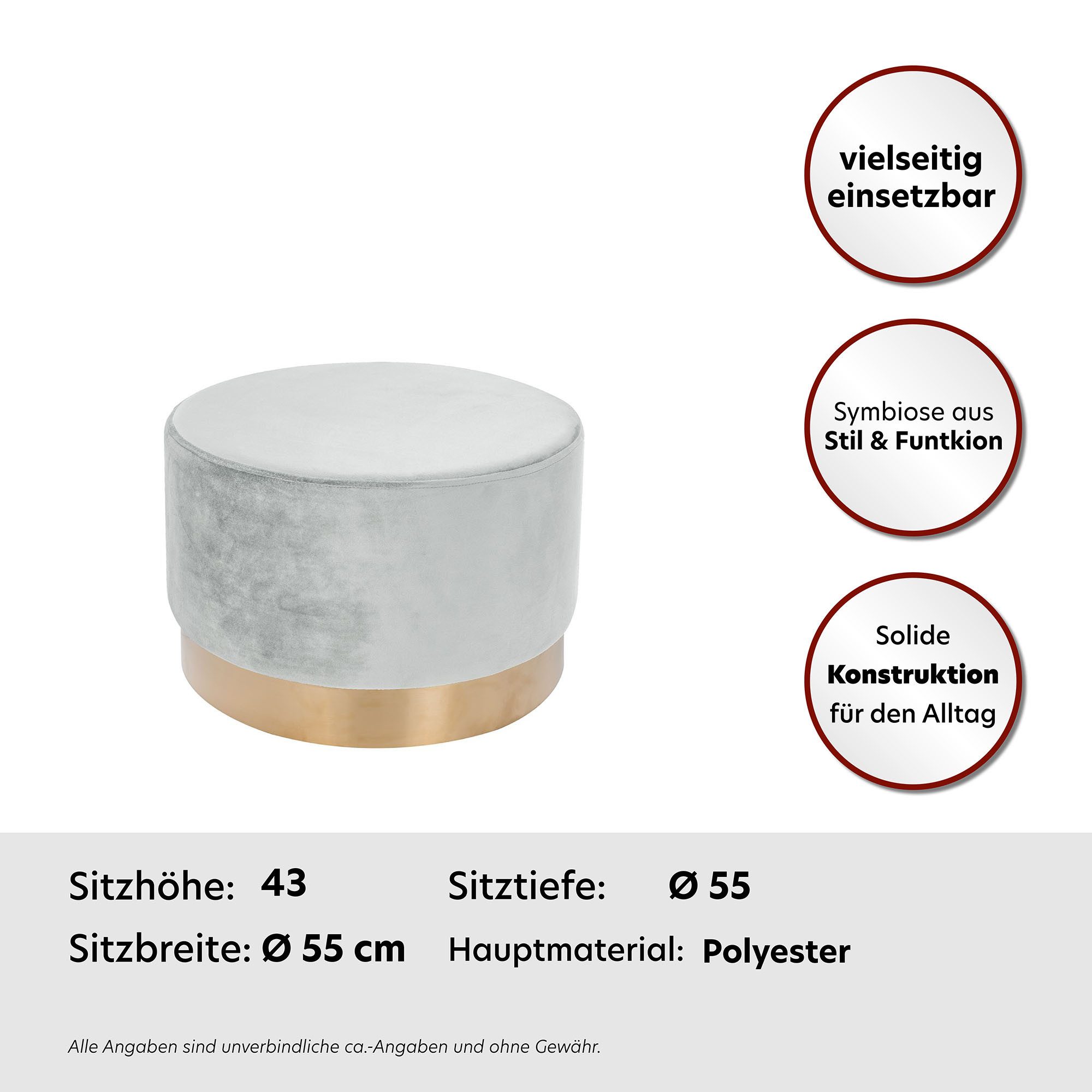 Kayoom Hocker Nano 510, hocker in stijlvol ontwerp, zachte schuimzitting Goudkleurige accenten, met onderhoudsvriendelijke stofbekleding, grote ronde vorm (1 stuk)
