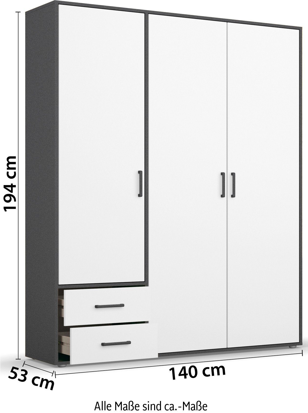 rauch Draaideurkast Voyager, kledingkast met buitenladen, garderobe moderne grepen in grijs metallic met buitenlades made in germany