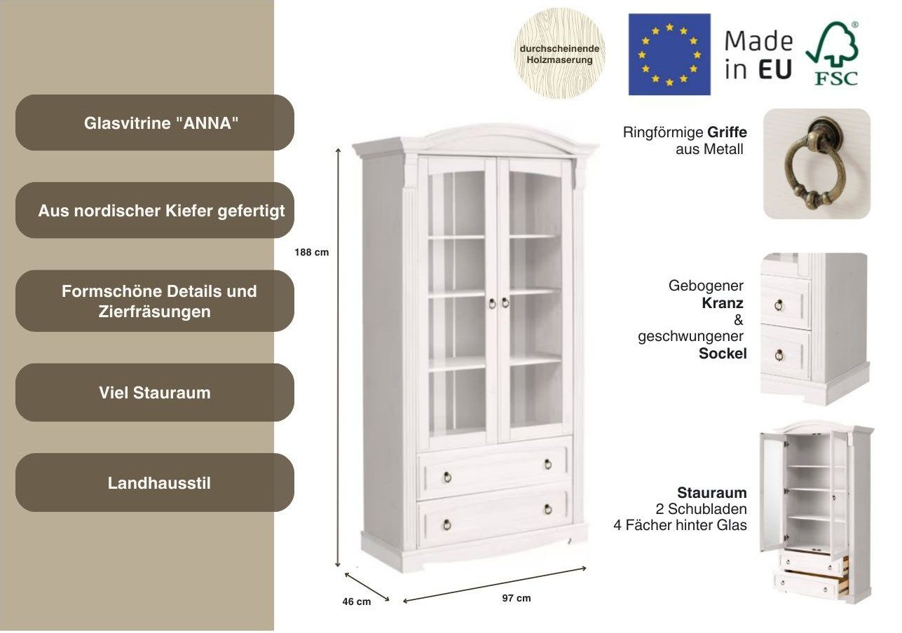 Home affaire Vitrinekast ANNA Hoogte 187 cm, breedte 100 cm, metalen handgrepen, van massief grenen, FSC®