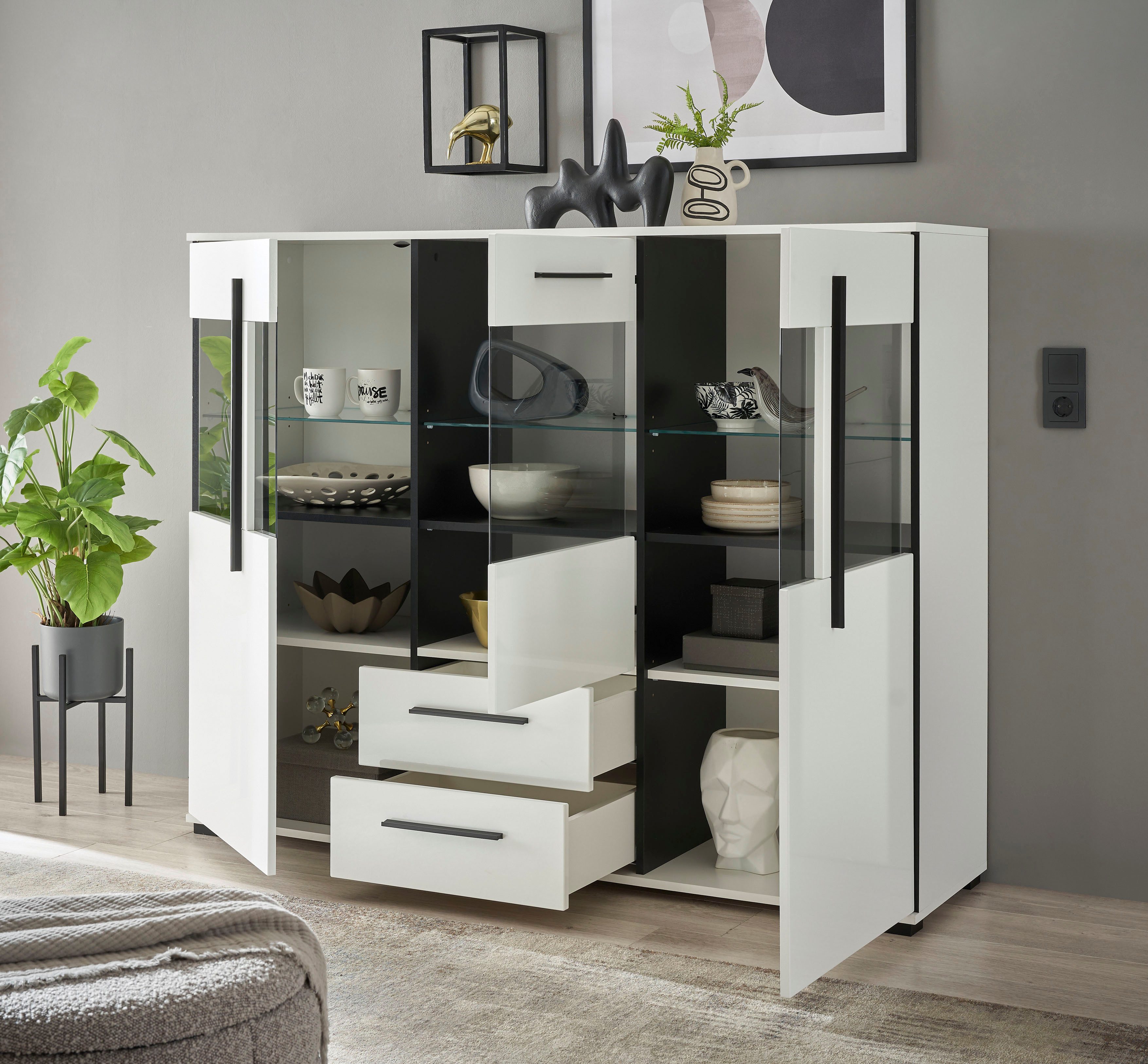 INOSIGN Highboard Cantara, moderne kast, vitrinekast in Eiken decor of wit zwarte stanggreep, voldoende opbergruimte, veelzijdig inzetbaar