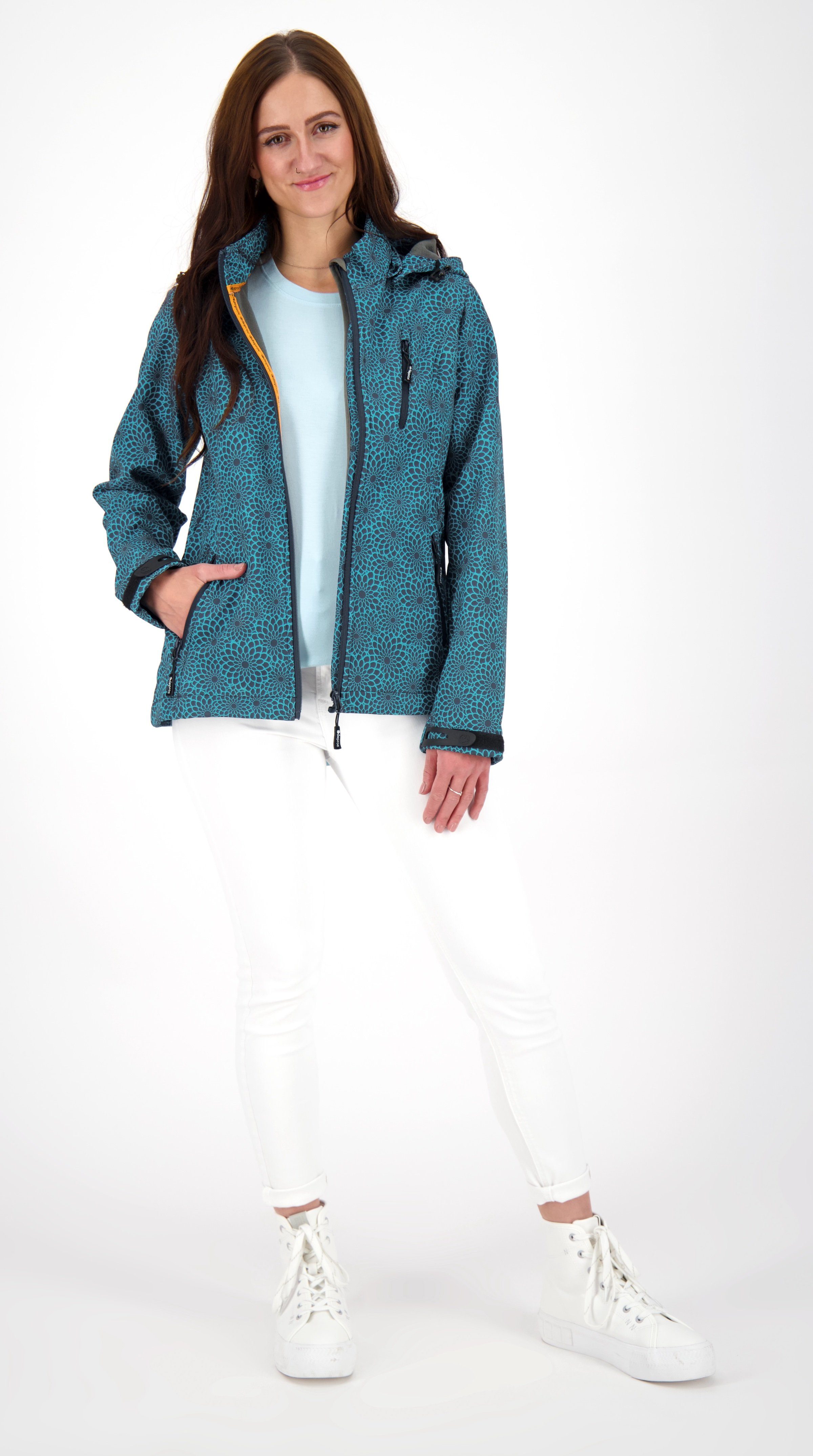 DEPROC Active Softshell-jack SHELBY PEAK DC licht softshell-jack met all-over-print en afneembare capuchon