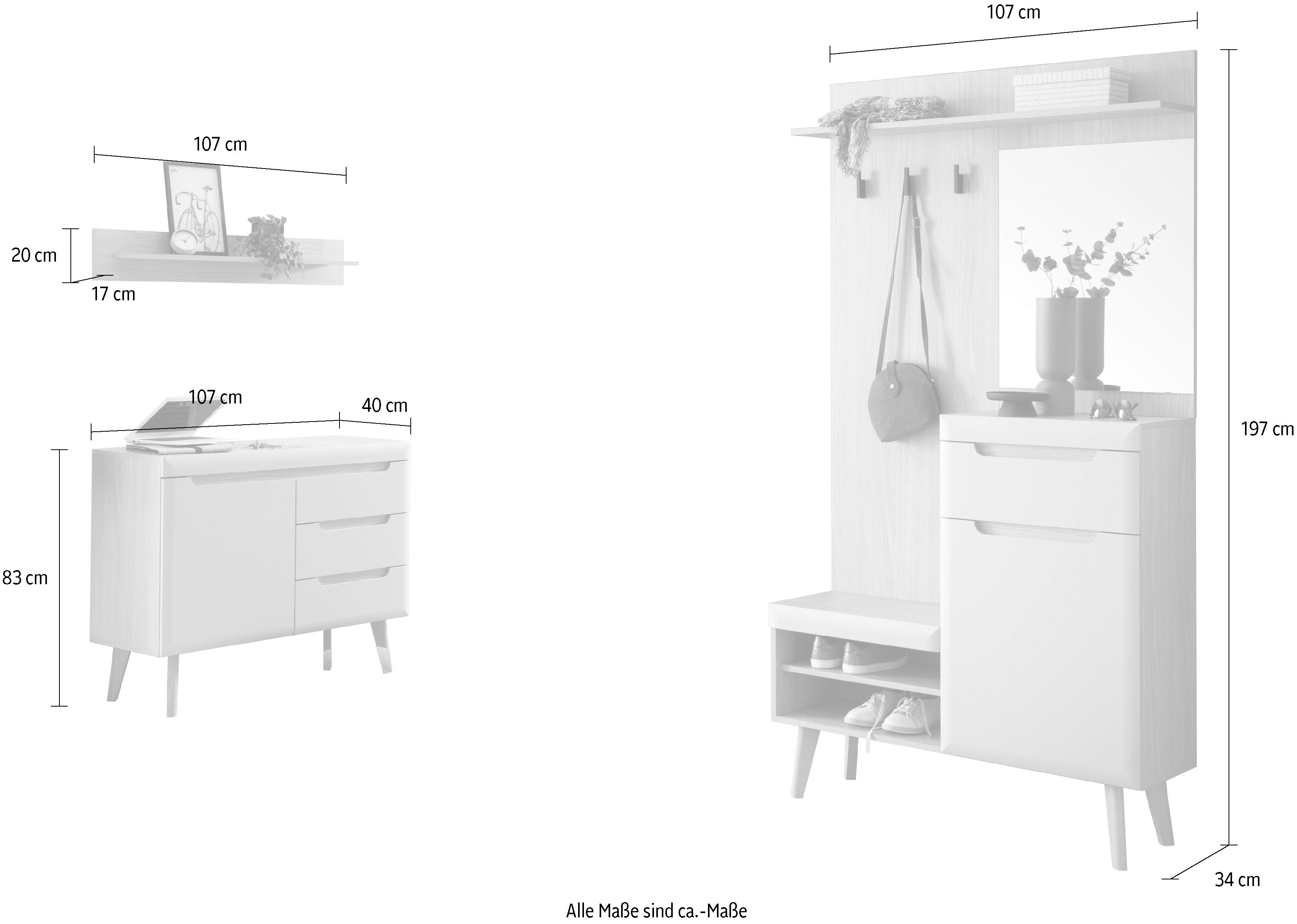 Home affaire Halmeubelset Torge, kapstok met opbergruimte, garderobekast in Scandic design bevat sideboard, garderobe met spiegel en wandplank, in twee kleuren (set, 3-delig)