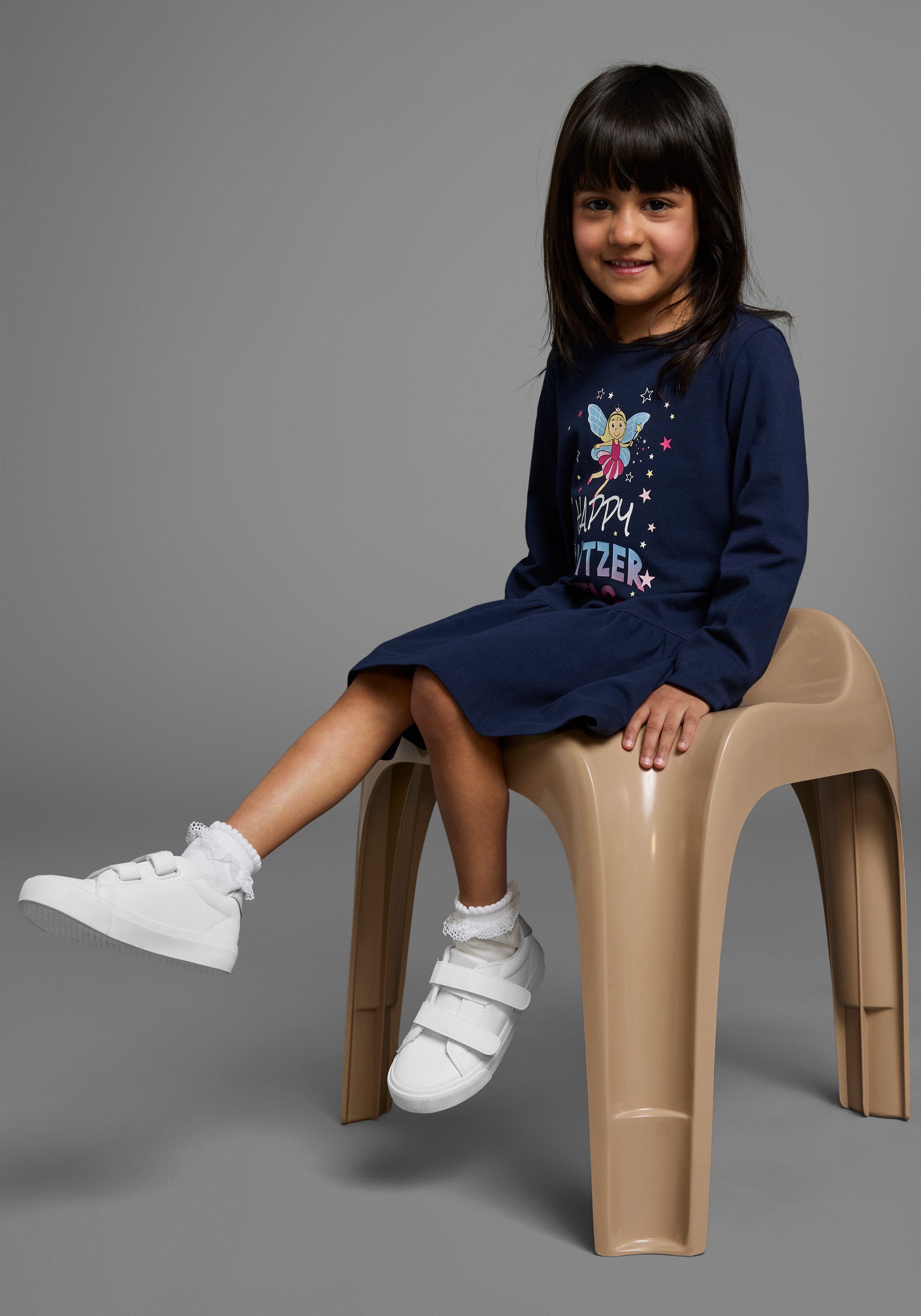 KIDSWORLD Jerseyjurk HAPPY GLITZER TAG knie-vrije lengte, speelse look, van katoenmix